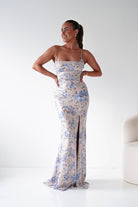 Oh Hello Clothing Women > Clothing > Dresses 1*DONE -LOVESOME-CD30630-1-Blue Floral Sequin Maxi Dress with Lace-Up Back