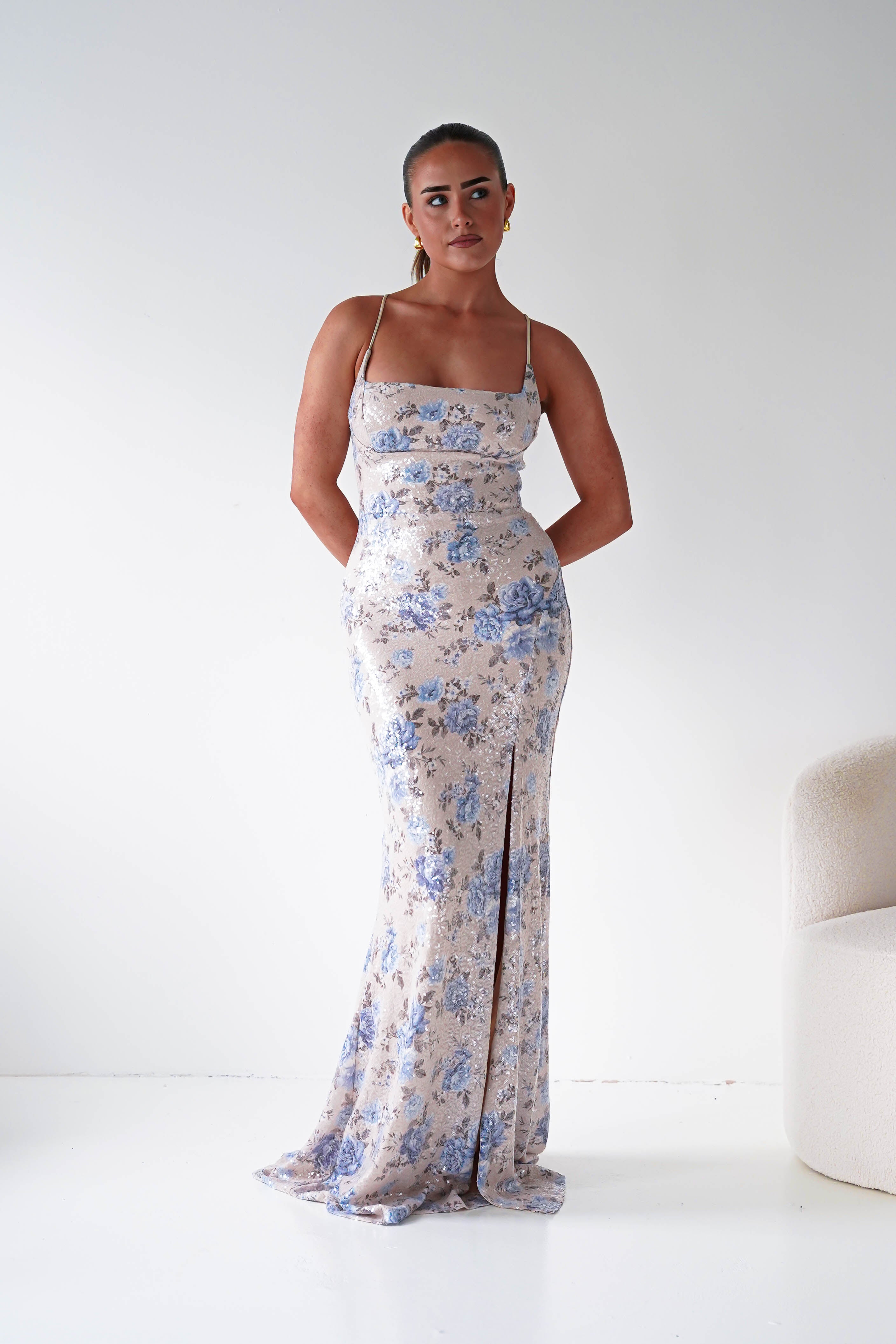 Oh Hello Clothing Women > Clothing > Dresses 1*DONE -LOVESOME-CD30630-1-Blue Floral Sequin Maxi Dress with Lace-Up Back