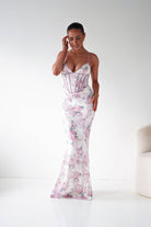 Oh Hello Clothing Women > Clothing > Dresses 1*DONE -LOVESOME- CD30898- Pink Floral Corset Maxi Dress with Lace-Up Back