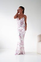 Oh Hello Clothing Women > Clothing > Dresses 1*DONE -LOVESOME- CD30898- Pink Floral Corset Maxi Dress with Lace-Up Back