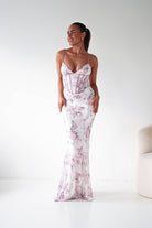 Oh Hello Clothing Women > Clothing > Dresses 1*DONE -LOVESOME- CD30898- Pink Floral Corset Maxi Dress with Lace-Up Back