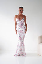 Oh Hello Clothing Women > Clothing > Dresses 1*DONE -LOVESOME- CD30898- Pink Floral Corset Maxi Dress with Lace-Up Back
