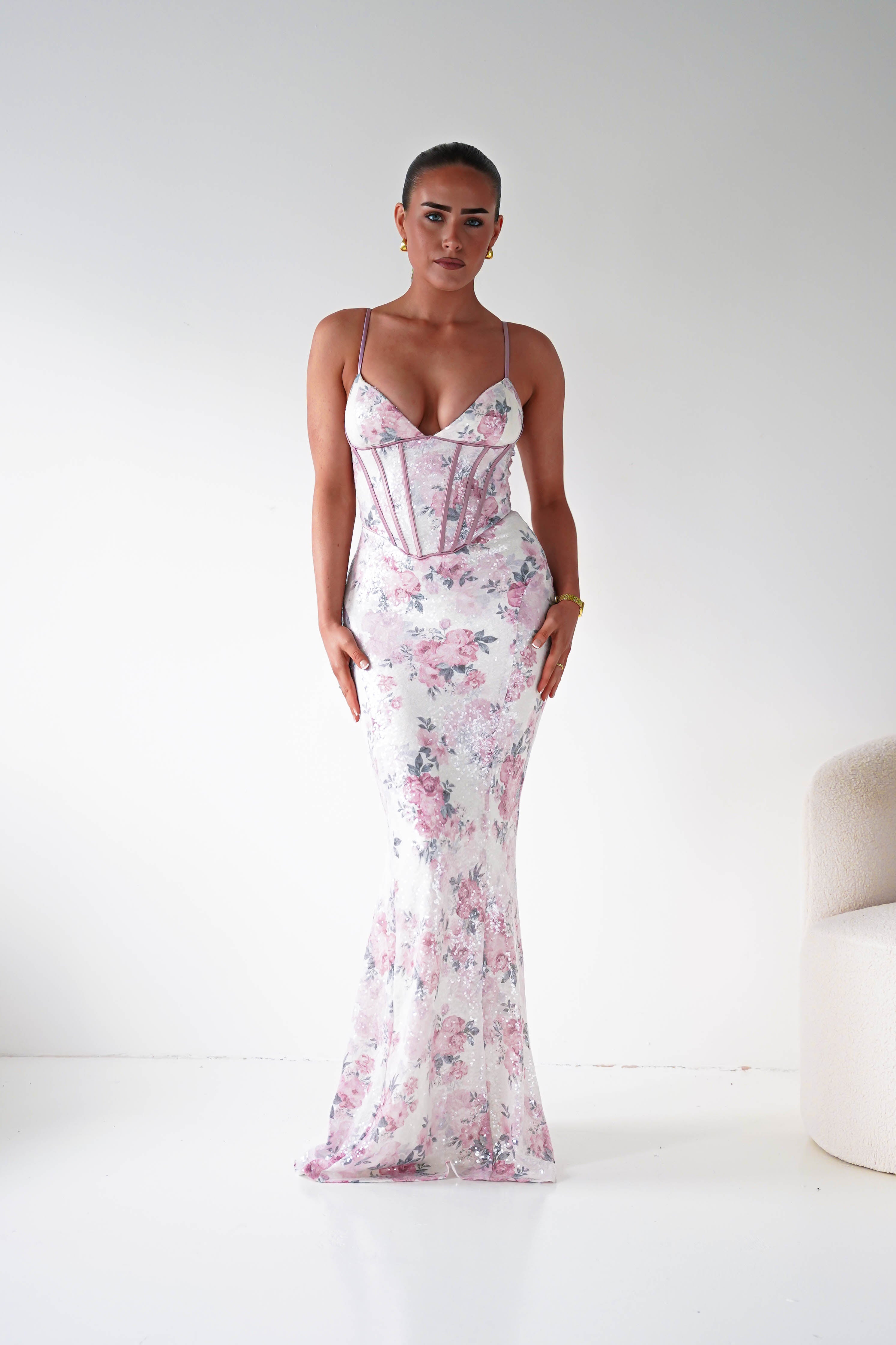 Oh Hello Clothing Women > Clothing > Dresses 1*DONE -LOVESOME- CD30898- Pink Floral Corset Maxi Dress with Lace-Up Back