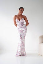 Oh Hello Clothing Women > Clothing > Dresses 1*DONE -LOVESOME- CD30898- Pink Floral Corset Maxi Dress with Lace-Up Back