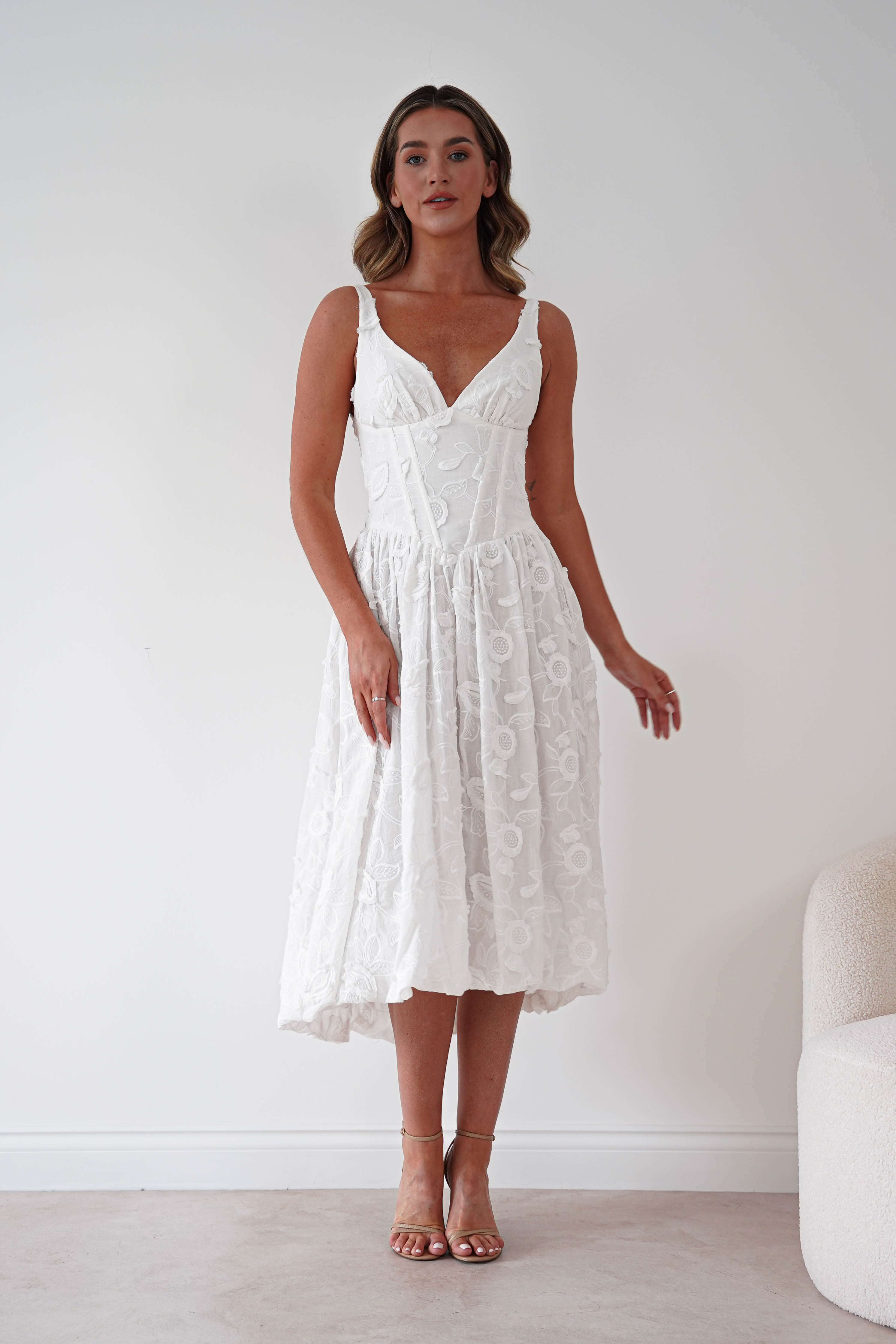 Oh Hello Clothing Women > Clothing > Dresses 1*DONE-LUXXEL-LD12613-White Floral Textured Midi Dress