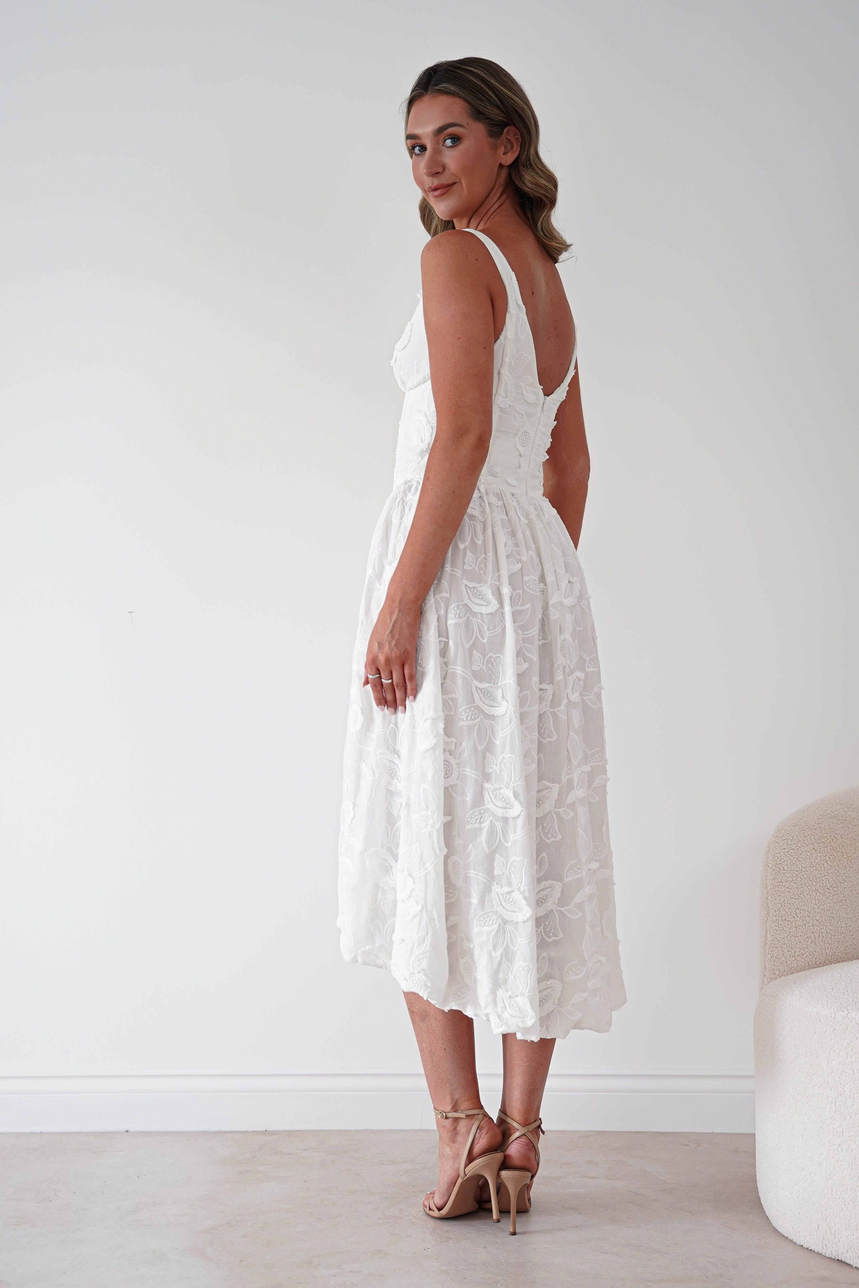 Oh Hello Clothing Women > Clothing > Dresses 1*DONE-LUXXEL-LD12613-White Floral Textured Midi Dress
