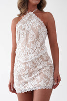 Oh Hello Clothing Women > Clothing > Dresses 1*DONE-LUXXEL-LD12724-Lace Halterneck Tie-Back MINI DRESS