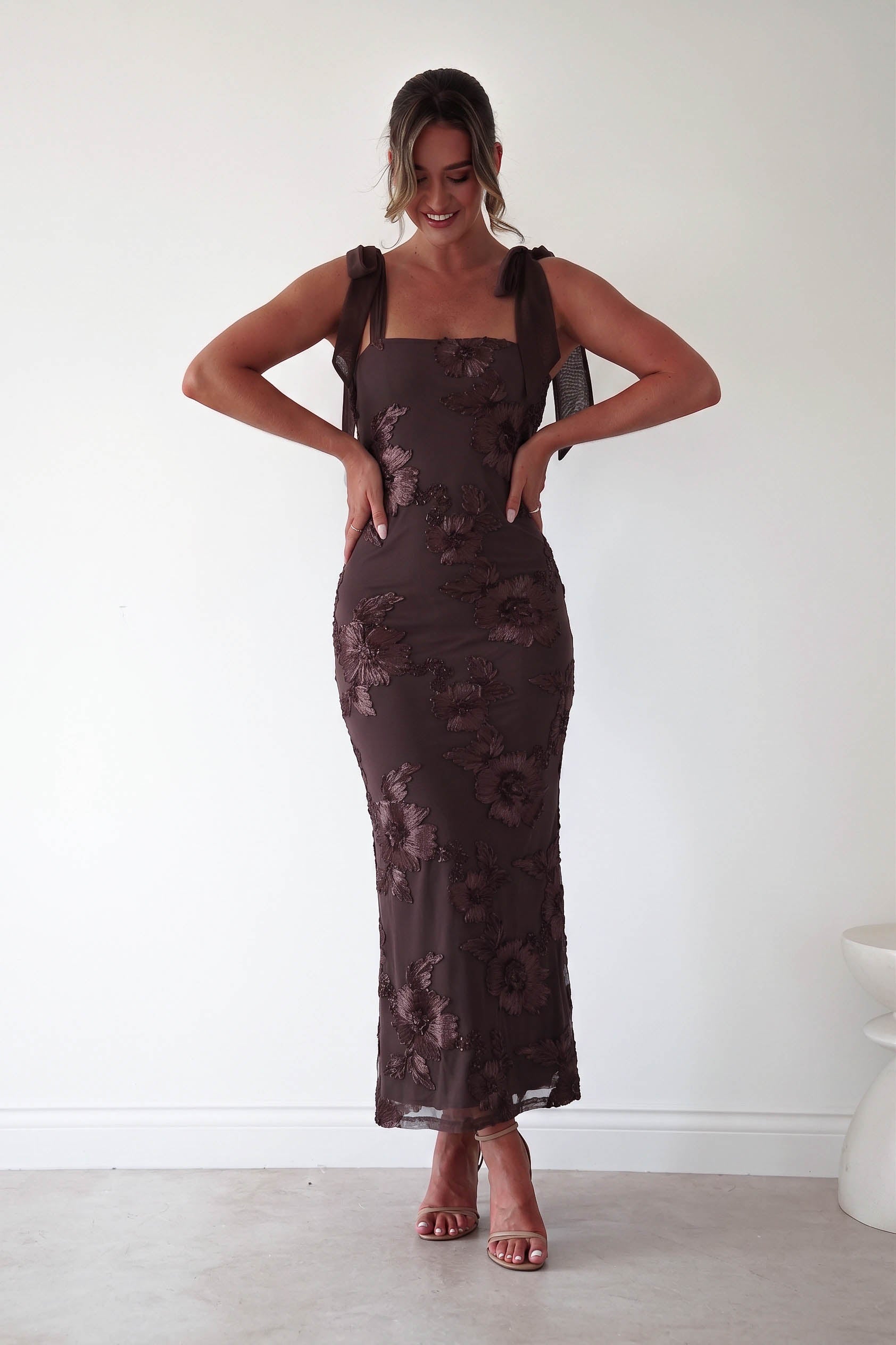 Oh Hello Clothing Women > Clothing > Dresses 1*DONE-Mahalia Floral Appliqué Maxi Dress | Brown Copy)