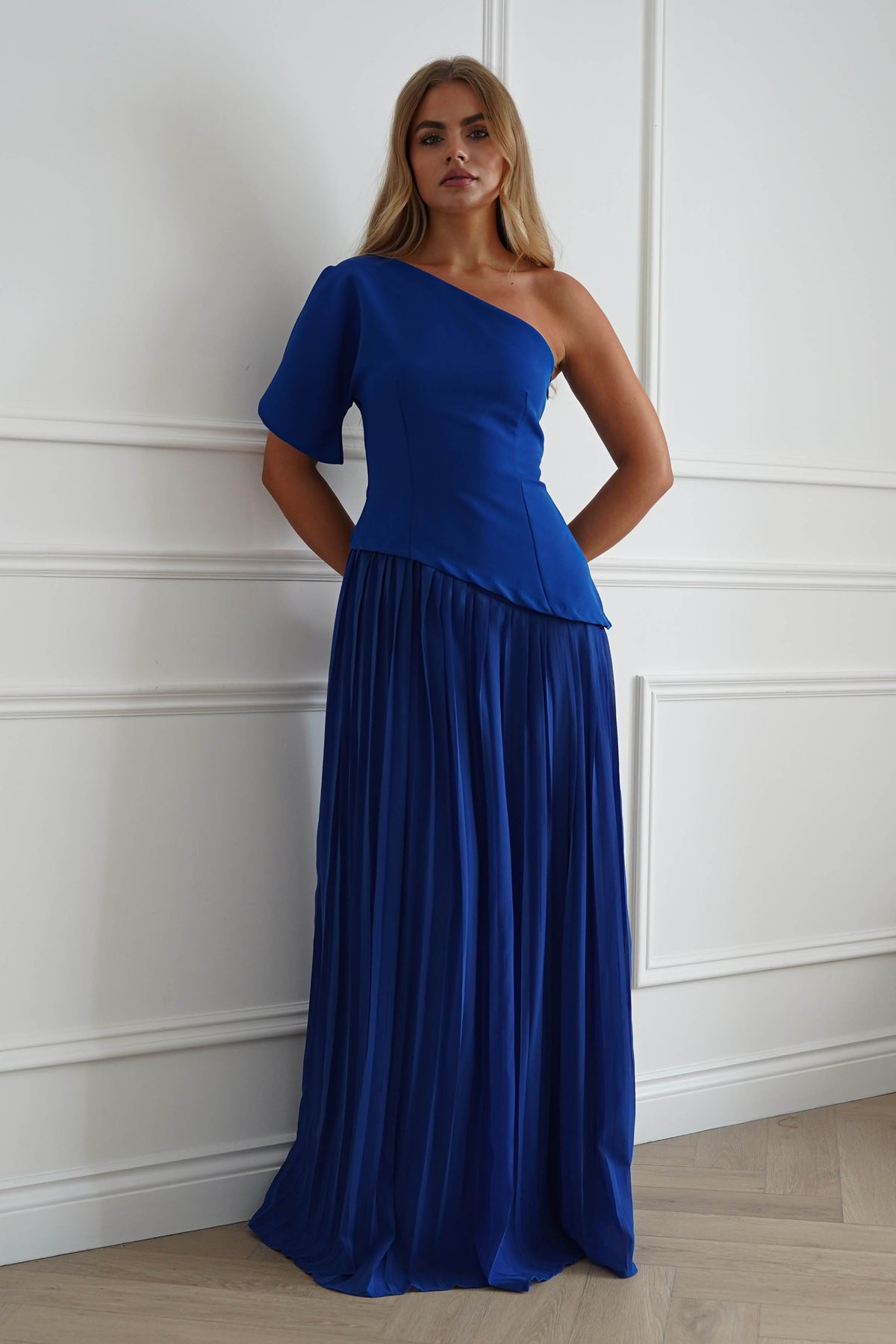 Oh Hello Clothing Women > Clothing > Dresses 1*DONE-MANIJU-LM1226-Royal blue One Shoulder Pleated Maxi Dress (Copy)