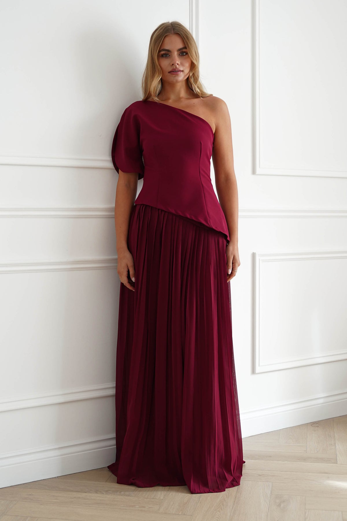 Oh Hello Clothing Women > Clothing > Dresses 1*DONE-MANIJU-LM1226-WINE One Shoulder Pleated Maxi Dress