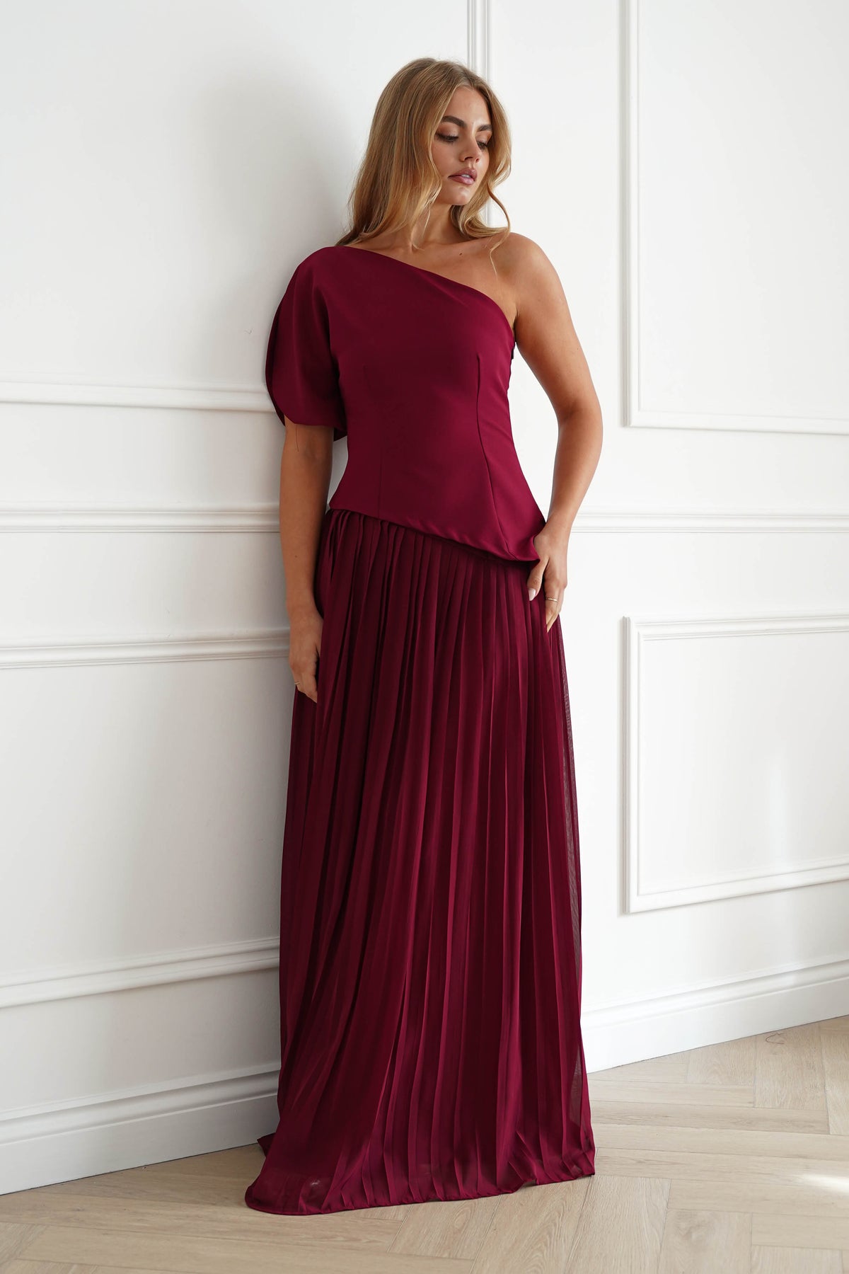Oh Hello Clothing Women > Clothing > Dresses 1*DONE-MANIJU-LM1226-WINE One Shoulder Pleated Maxi Dress