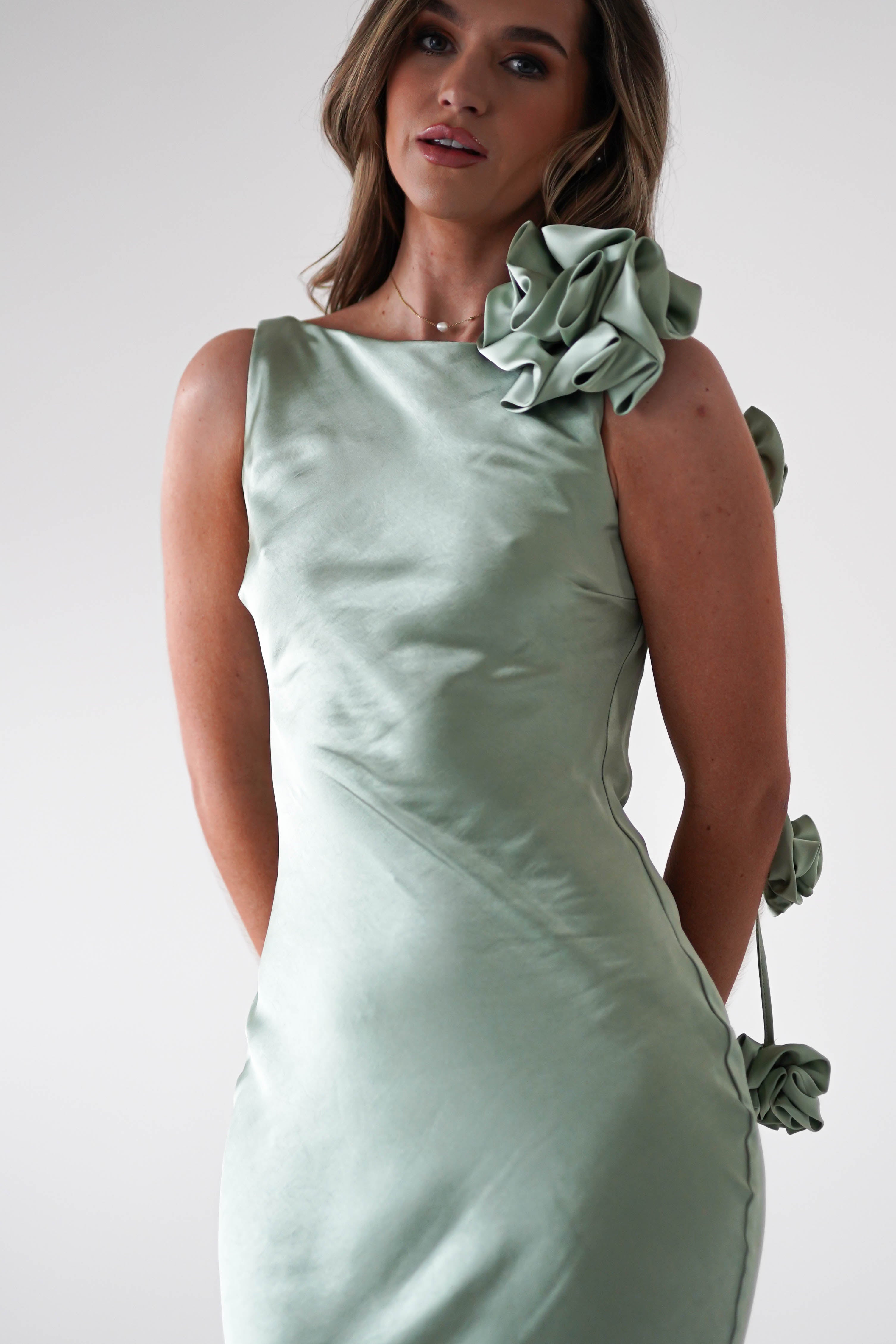 Karley Soft Satin Maxi Dress Sage Green | Wedding Guest Dress | Maxi | Satin | Oh Hello Clothing