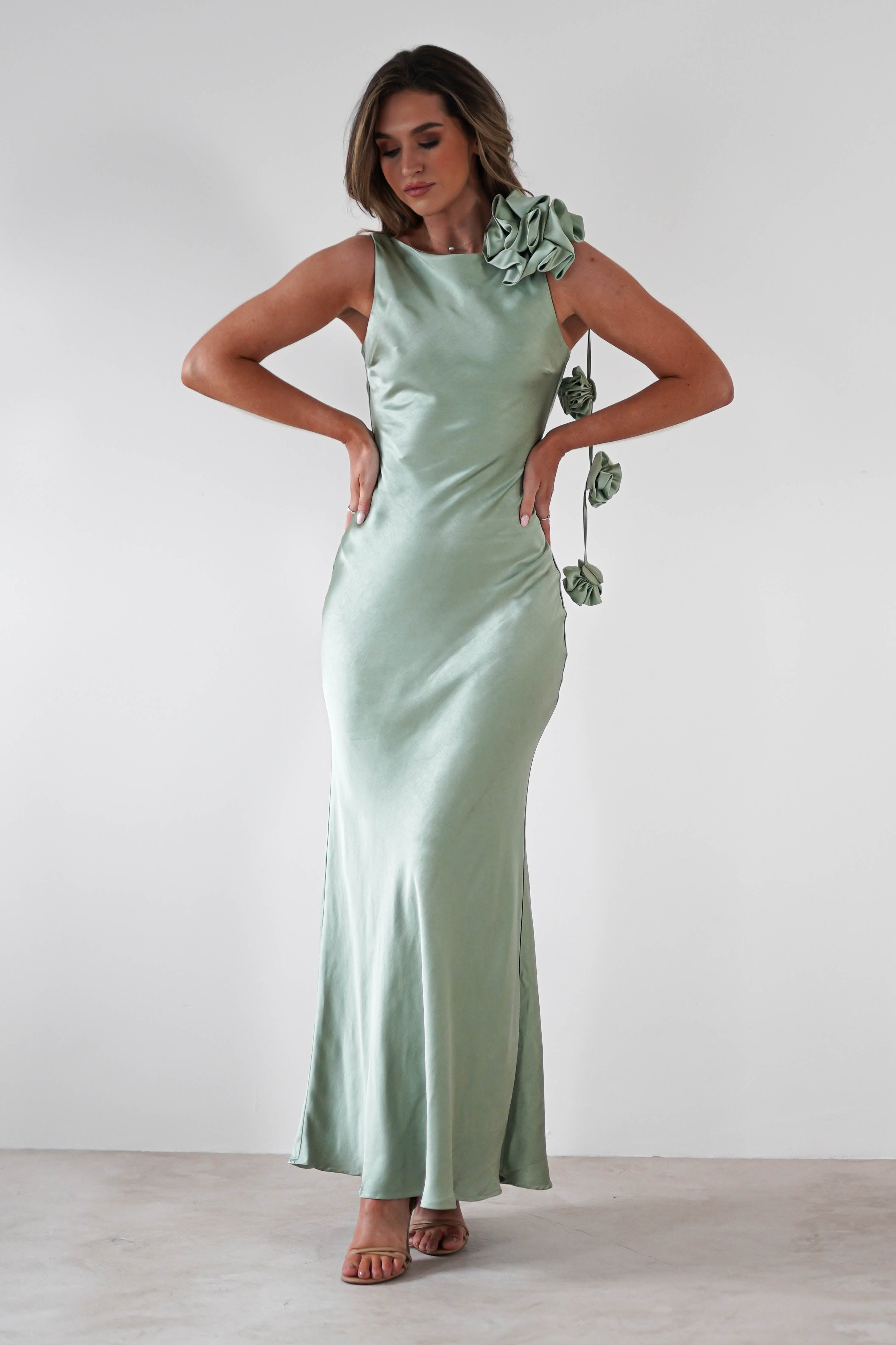 Karley Soft Satin Maxi Dress Sage Green | Wedding Guest Dress | Maxi | Satin | Oh Hello Clothing