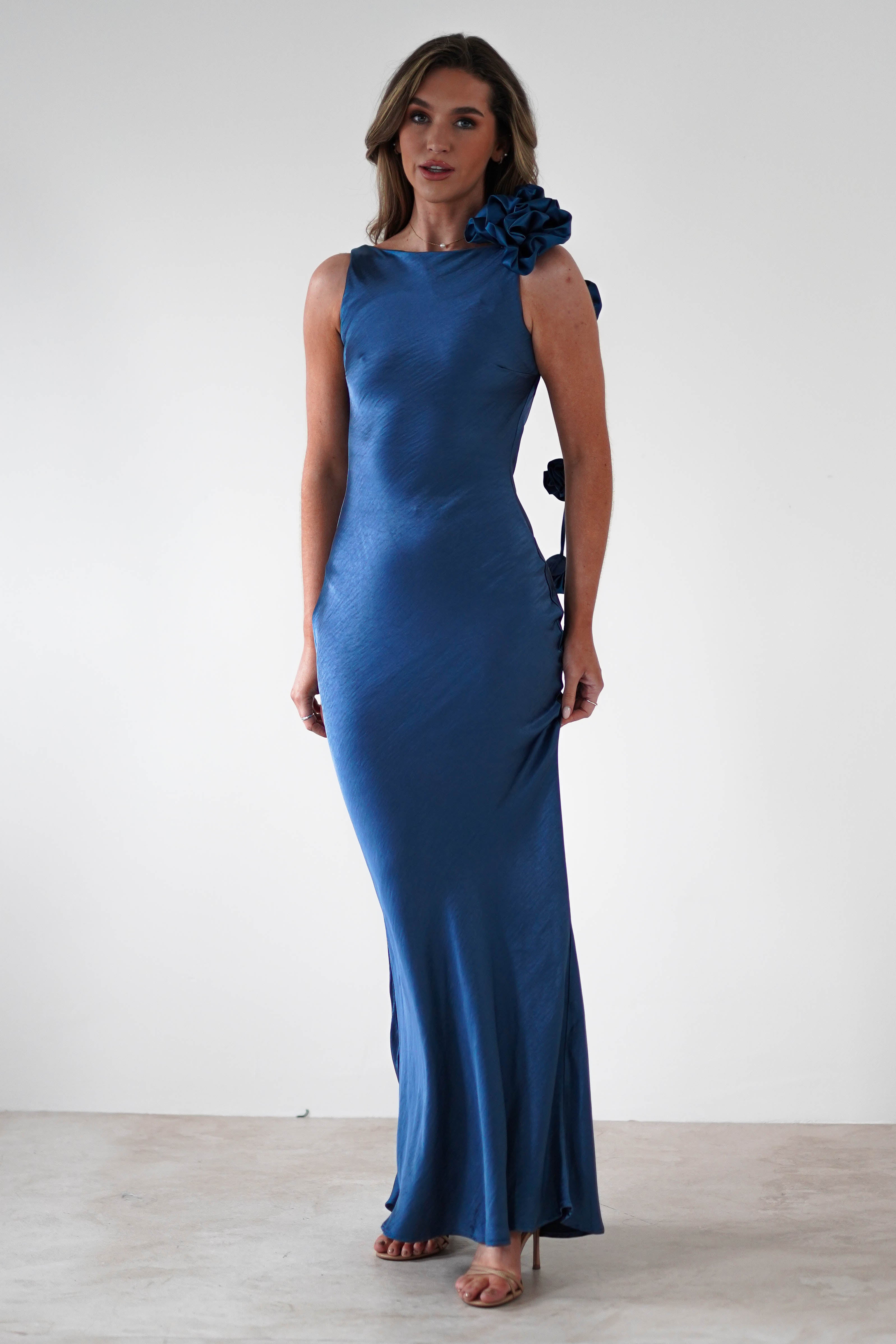 Karley Soft Satin Maxi Dress Slate Blue | Wedding Guest Dress | Maxi | Satin | Oh Hello Clothing