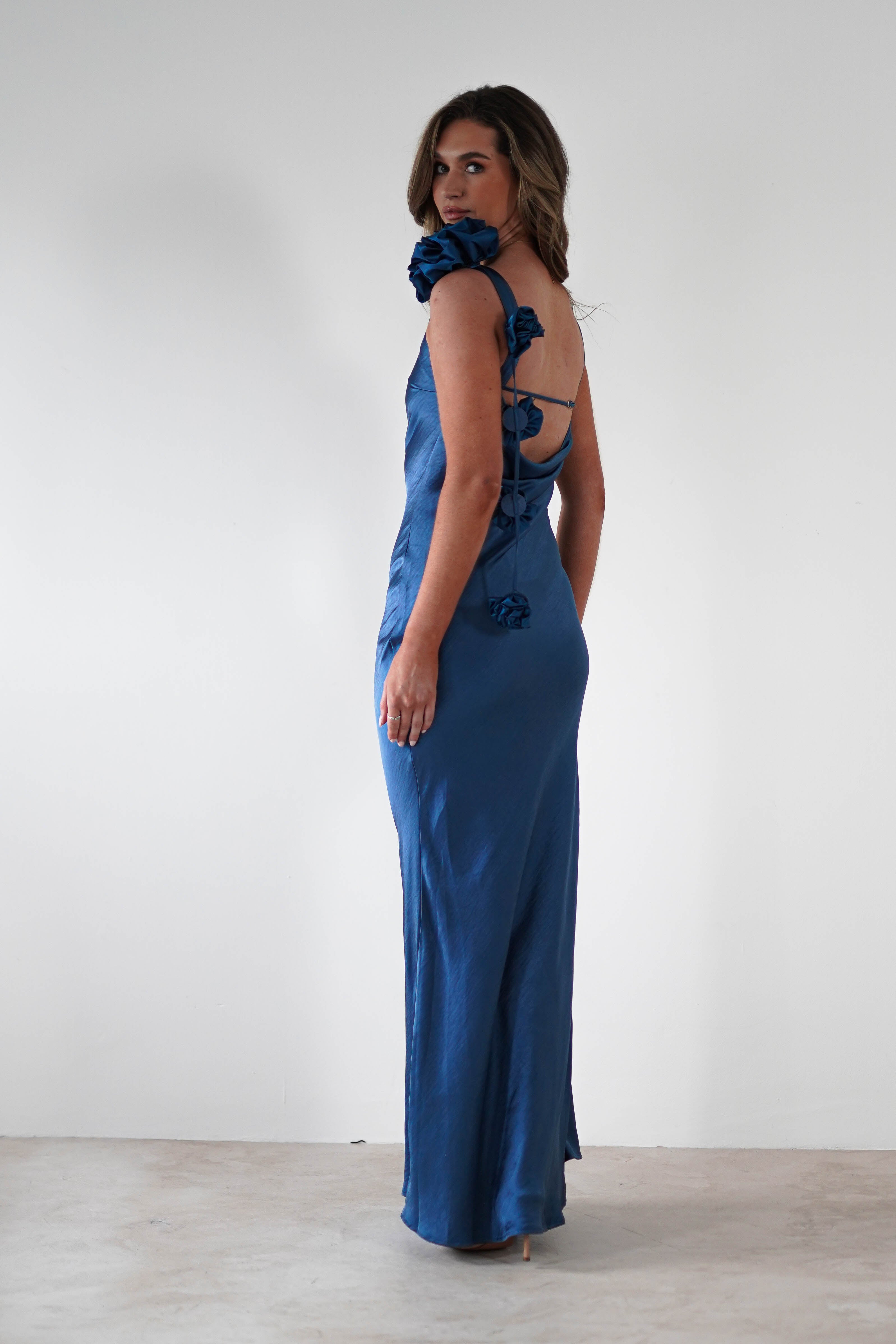 Karley Soft Satin Maxi Dress Slate Blue | Wedding Guest Dress | Maxi | Satin | Oh Hello Clothing