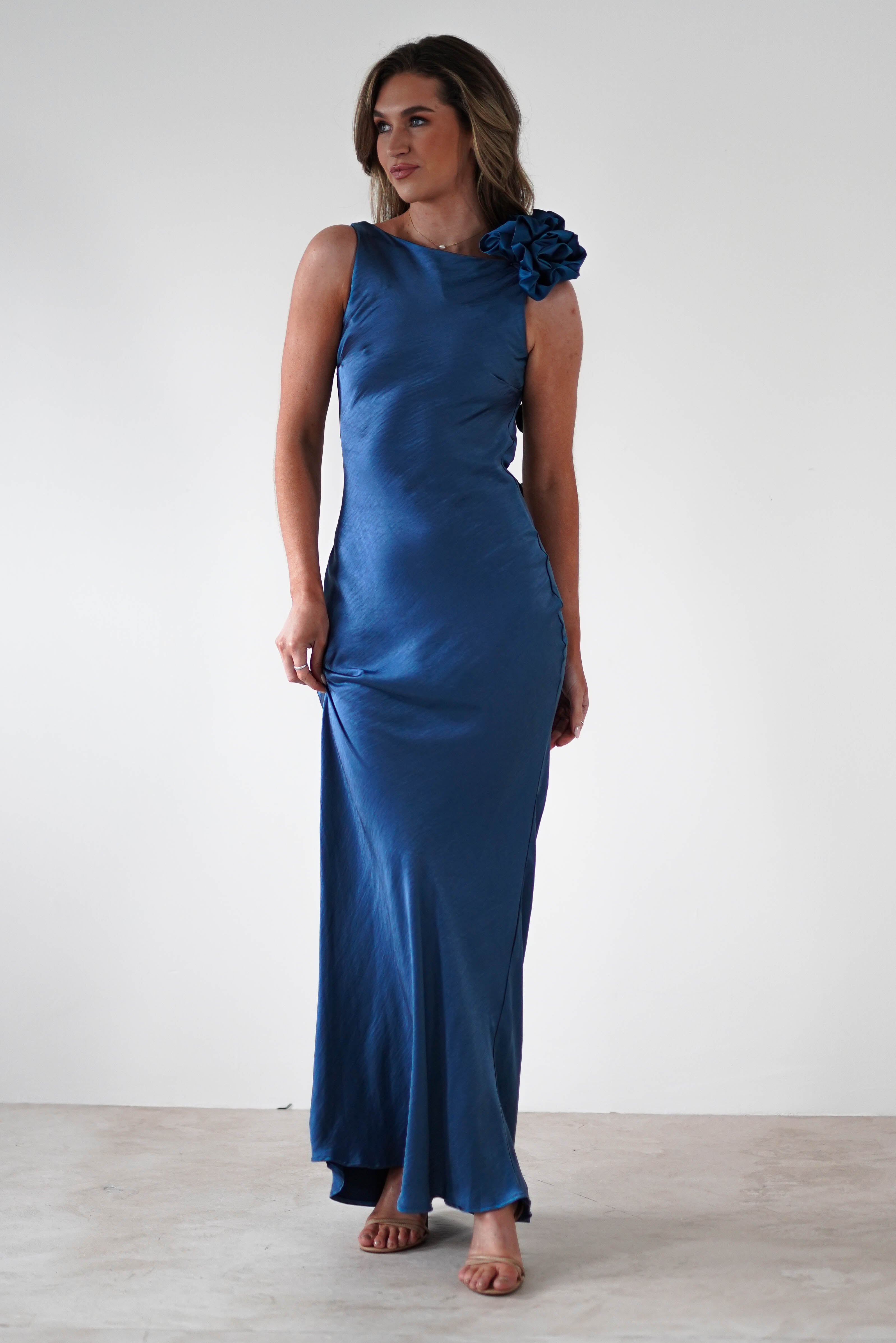 Karley Soft Satin Maxi Dress Slate Blue | Wedding Guest Dress | Maxi | Satin | Oh Hello Clothing