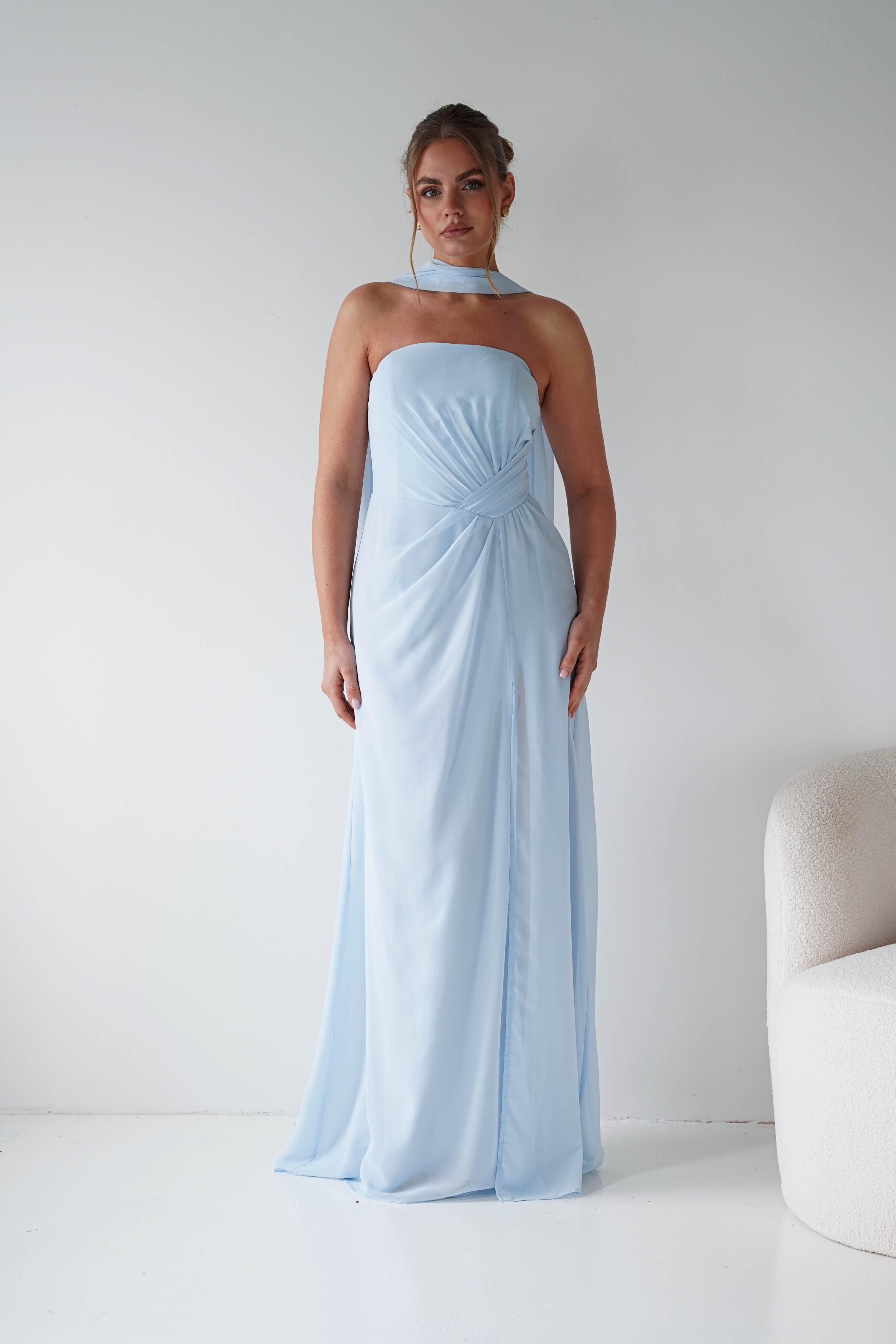 Oh Hello Clothing Women > Clothing > Dresses 1*DONE - MANIJU- MF23090-Light Blue Strapless Maxi Dress with Matching Scarf
