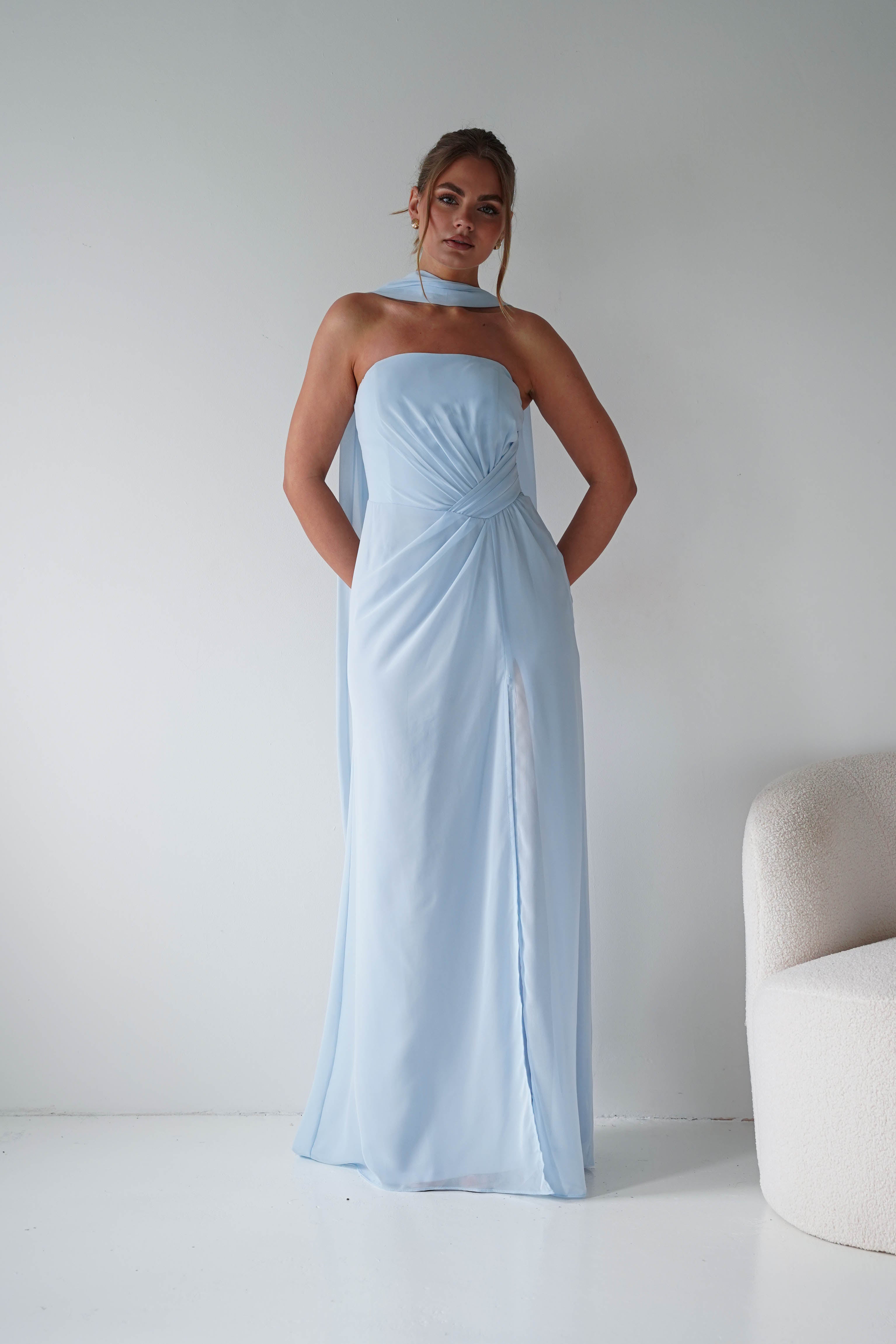 Oh Hello Clothing Women > Clothing > Dresses 1*DONE - MANIJU- MF23090-Light Blue Strapless Maxi Dress with Matching Scarf