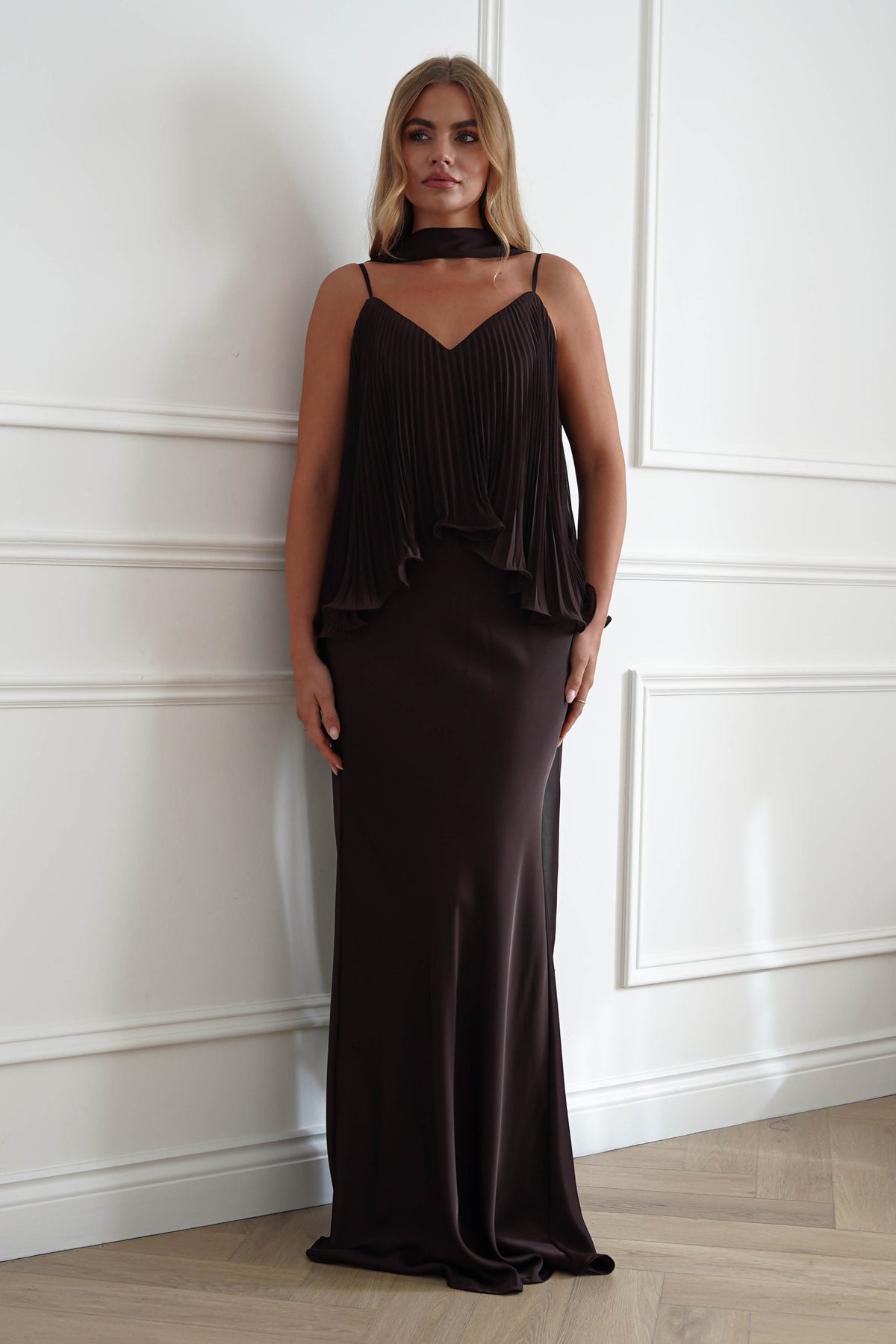 Oh Hello Clothing Women > Clothing > Dresses 1*DONE-MANIJU-MF23347-Chocolate Pleated Overlay Maxi Dress (Copy)