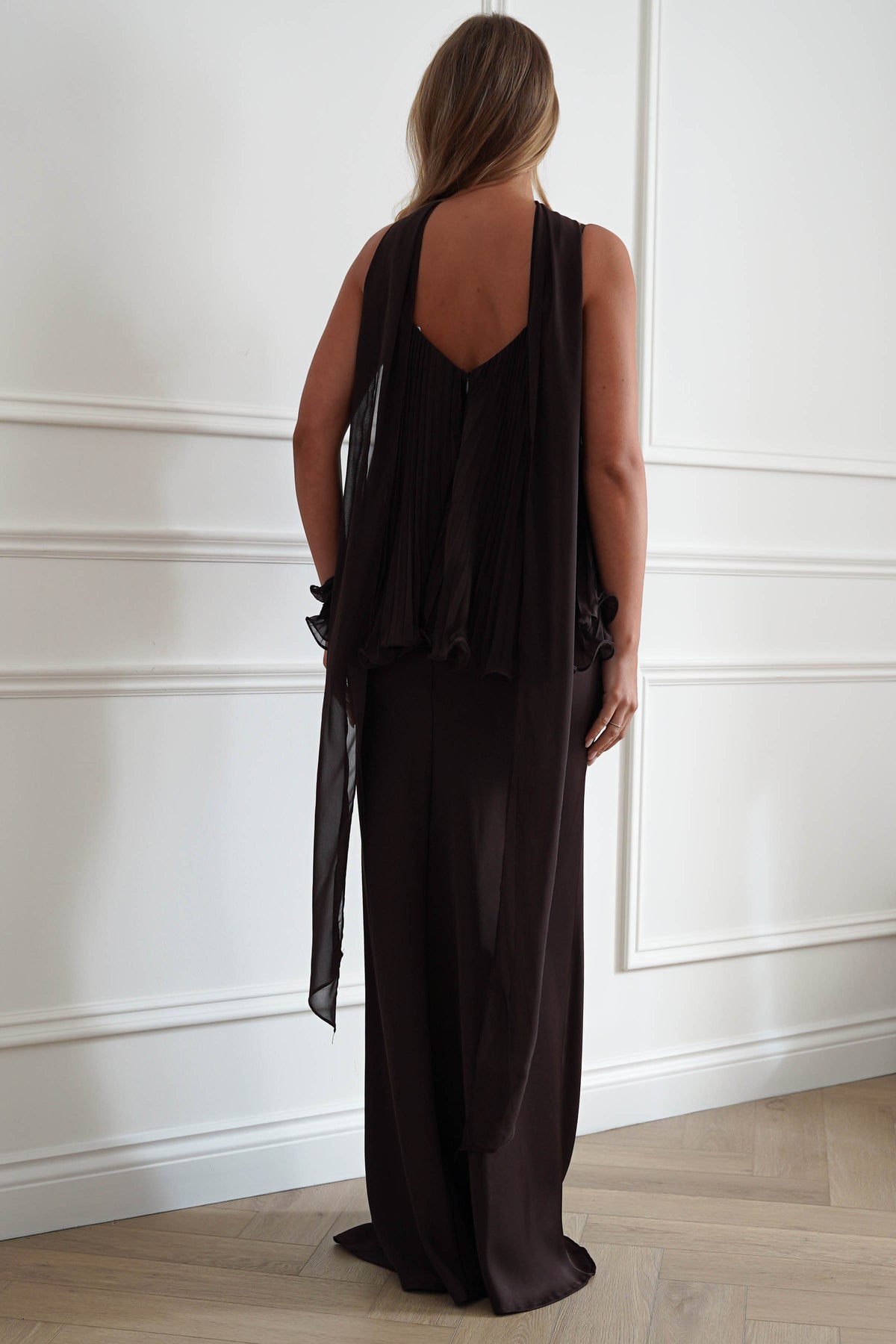 Oh Hello Clothing Women > Clothing > Dresses 1*DONE-MANIJU-MF23347-Chocolate Pleated Overlay Maxi Dress (Copy)