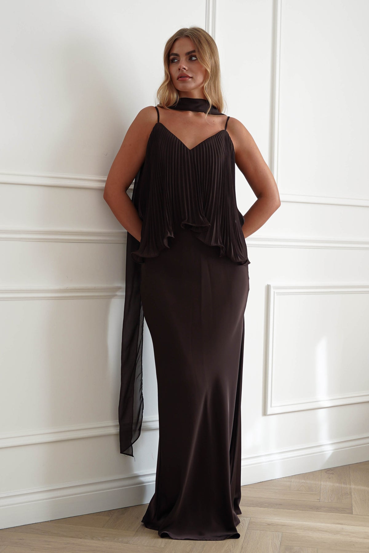 Oh Hello Clothing Women > Clothing > Dresses 1*DONE-MANIJU-MF23347-Chocolate Pleated Overlay Maxi Dress (Copy)