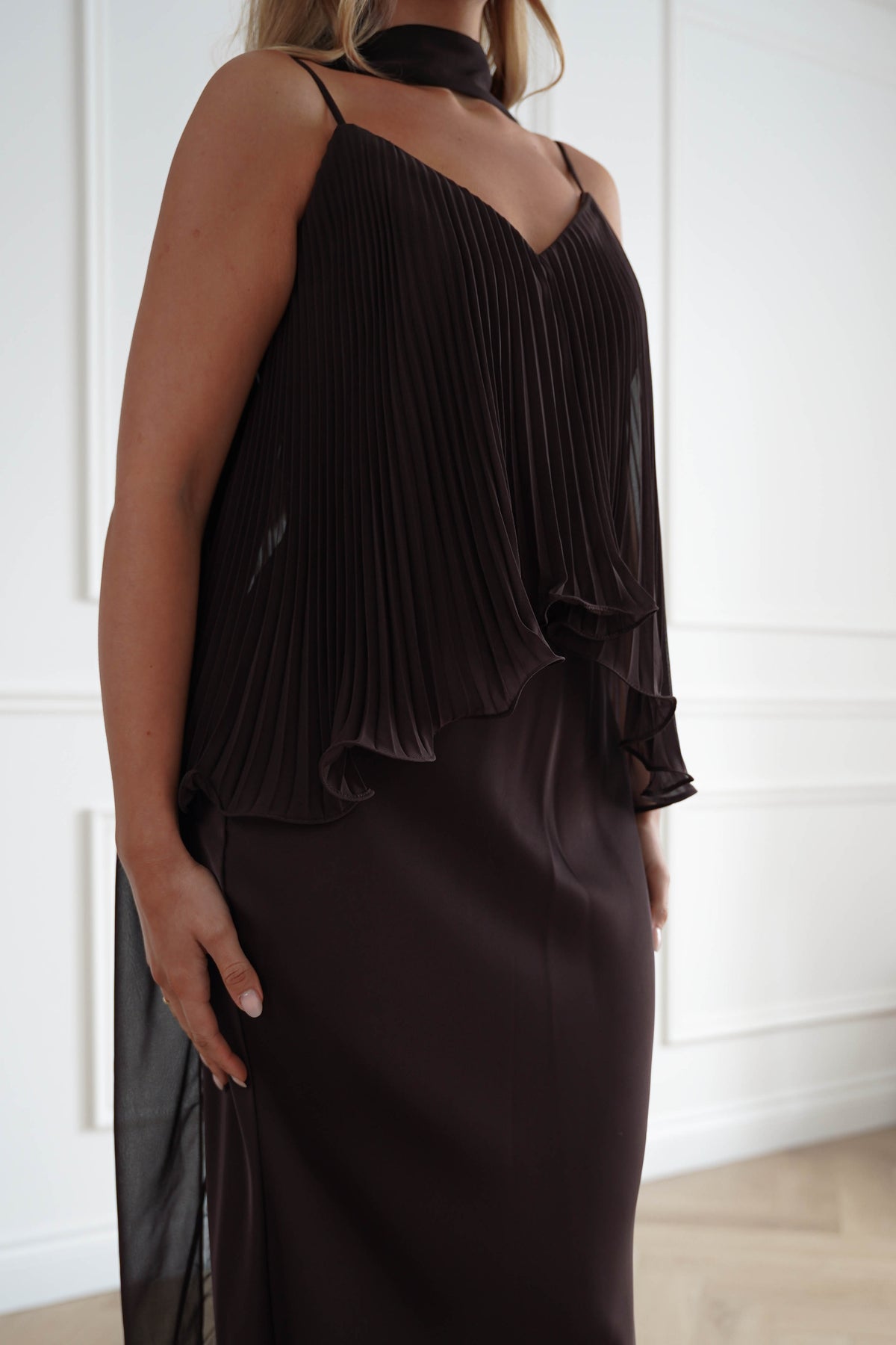 Oh Hello Clothing Women > Clothing > Dresses 1*DONE-MANIJU-MF23347-Chocolate Pleated Overlay Maxi Dress (Copy)