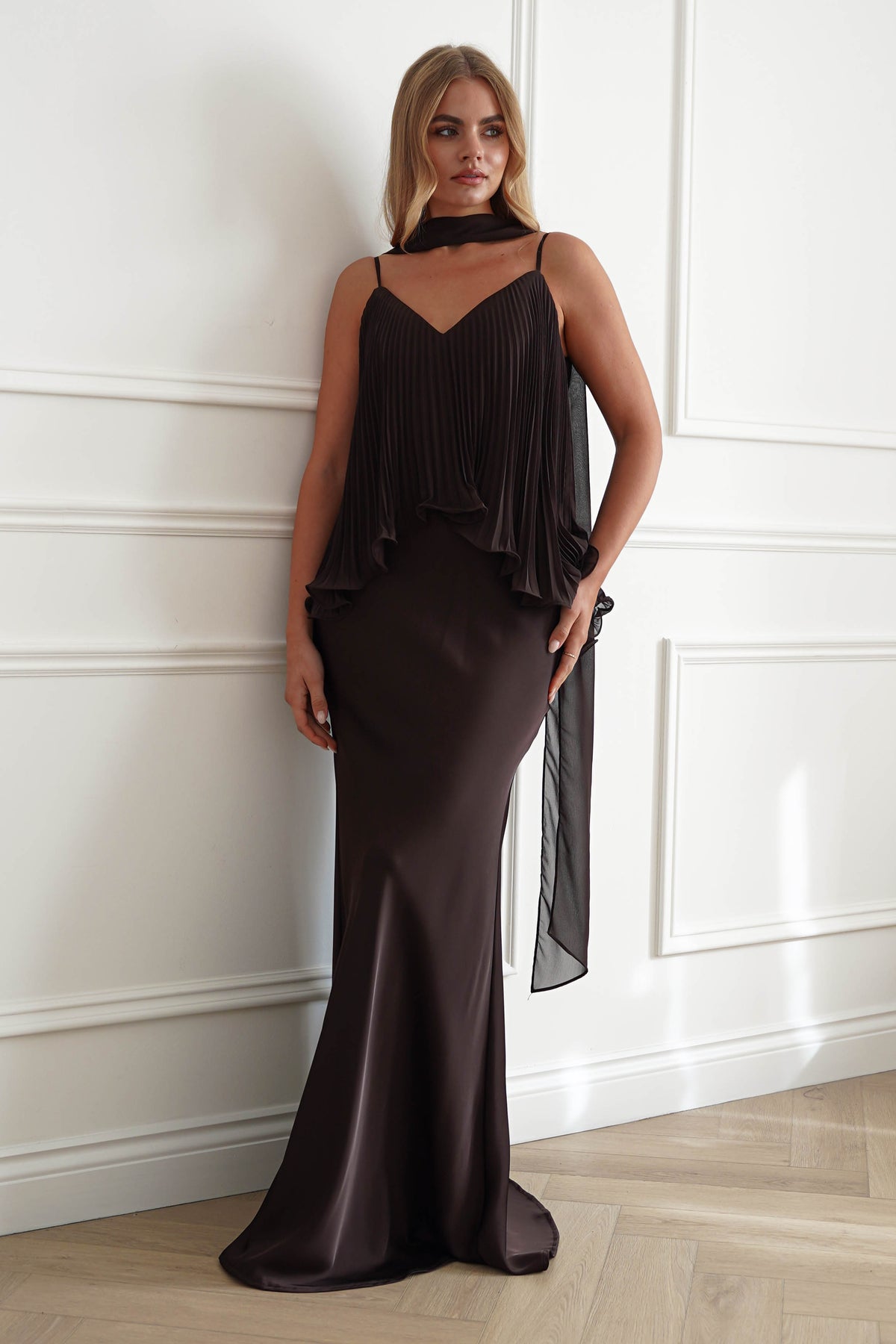 Oh Hello Clothing Women > Clothing > Dresses 1*DONE-MANIJU-MF23347-Chocolate Pleated Overlay Maxi Dress (Copy)