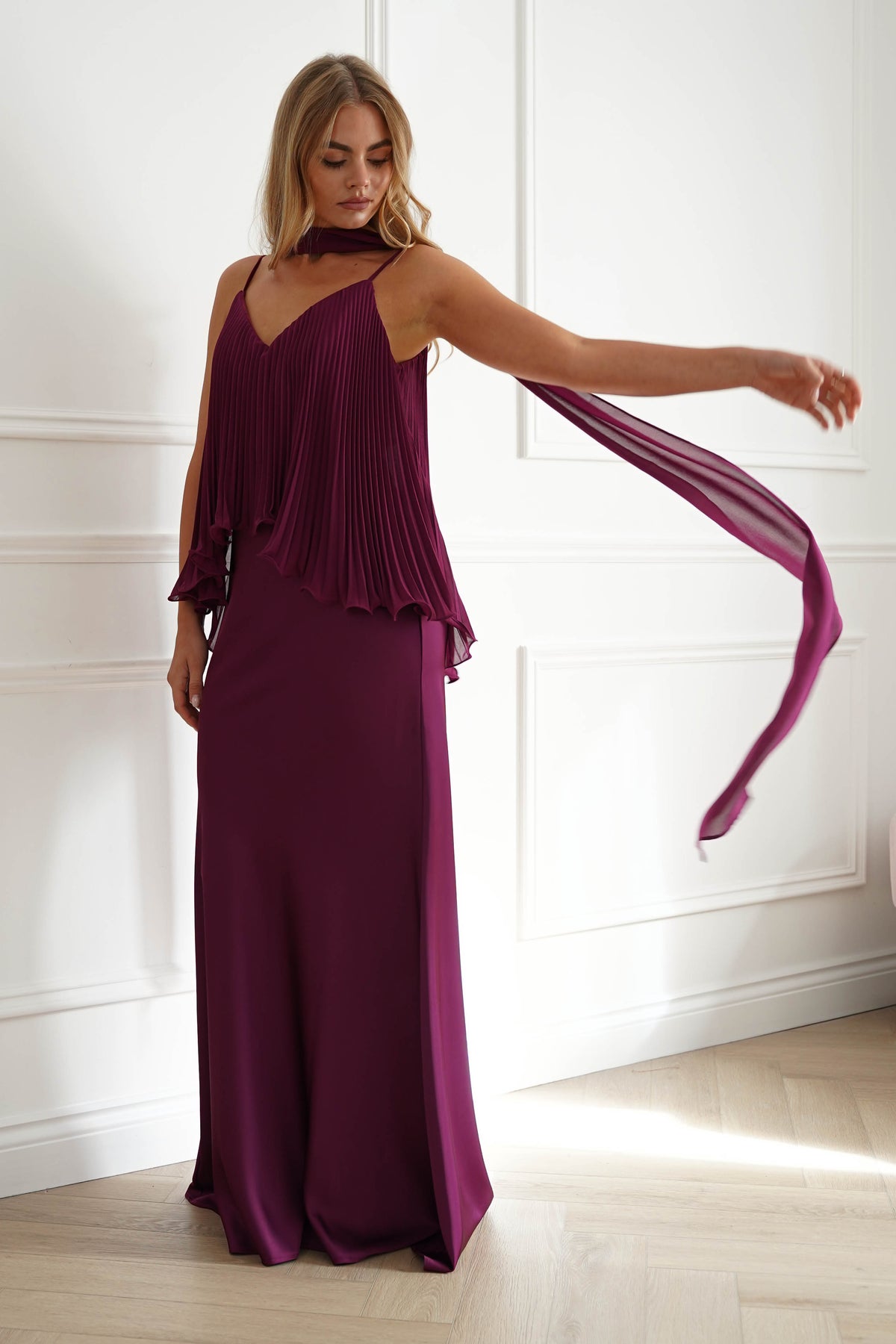 Oh Hello Clothing Women > Clothing > Dresses 1*DONE-MANIJU-MF23347-Plum Pleated Overlay Maxi Dress