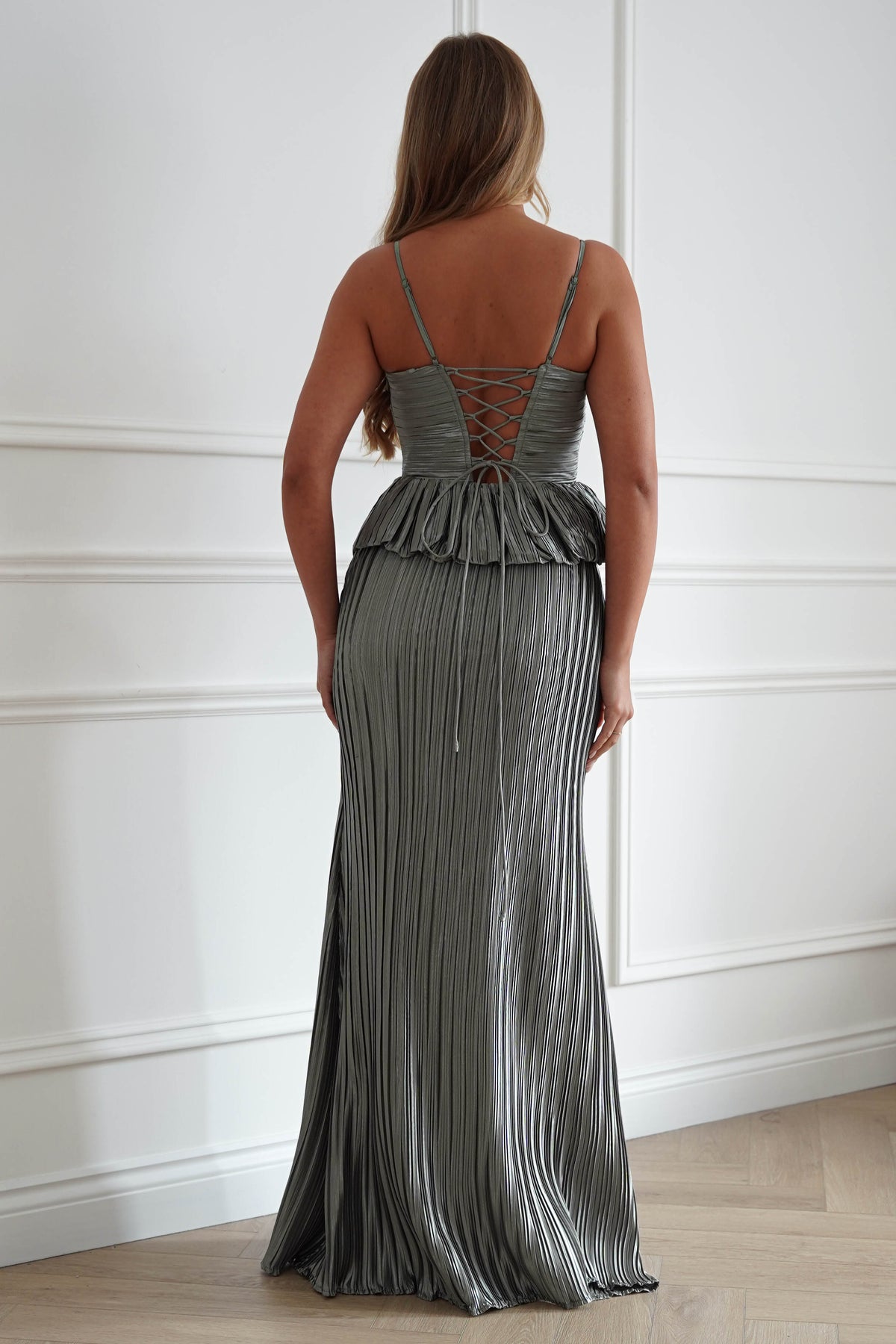 Oh Hello Clothing Women > Clothing > Dresses 1*DONE-MANIJU-MF23390-Sage Pleated Peplum Maxi Dress