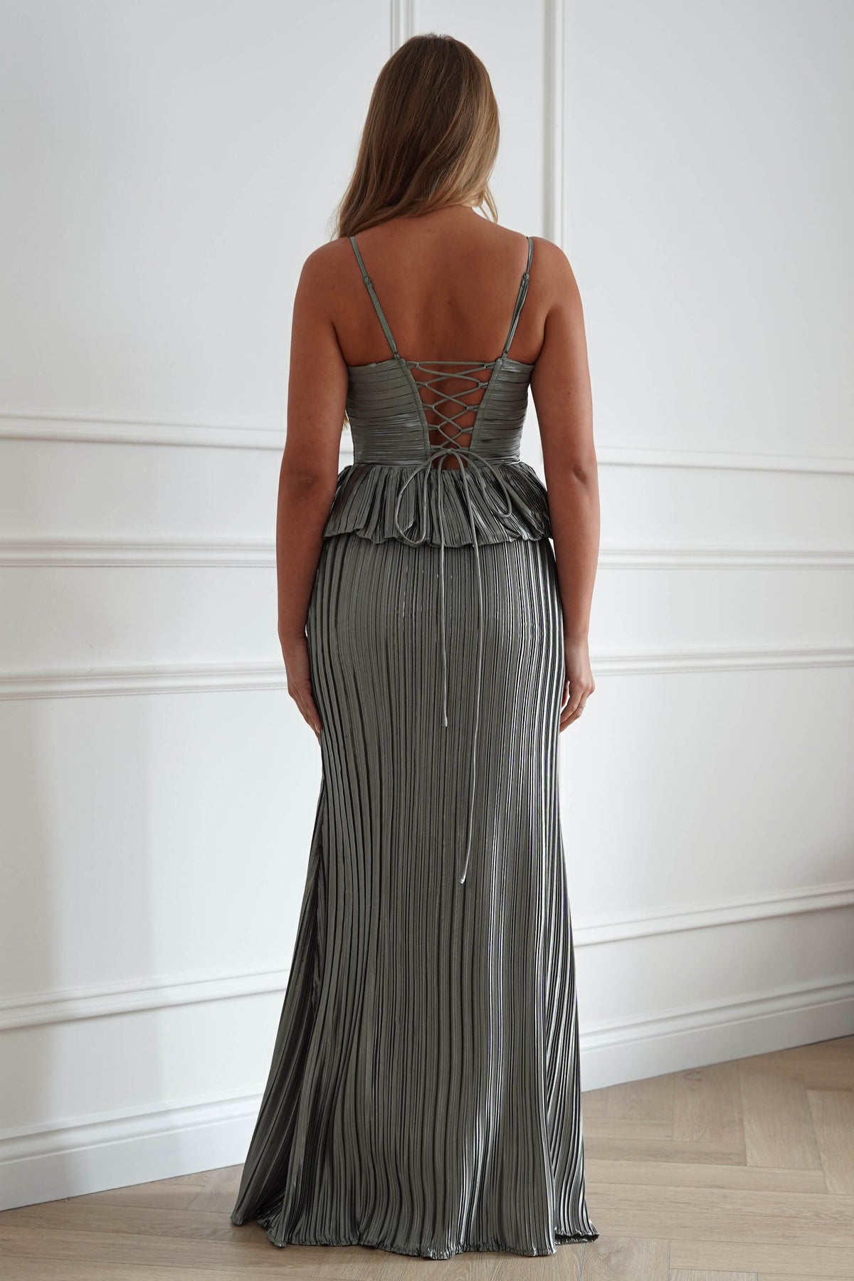 Oh Hello Clothing Women > Clothing > Dresses 1*DONE-MANIJU-MF23390-Sage Pleated Peplum Maxi Dress