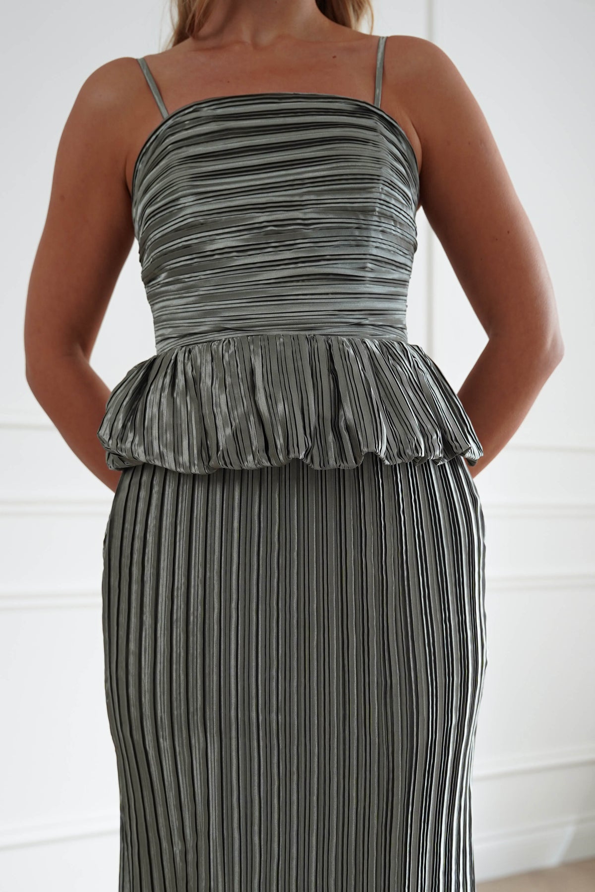 Oh Hello Clothing Women > Clothing > Dresses 1*DONE-MANIJU-MF23390-Sage Pleated Peplum Maxi Dress