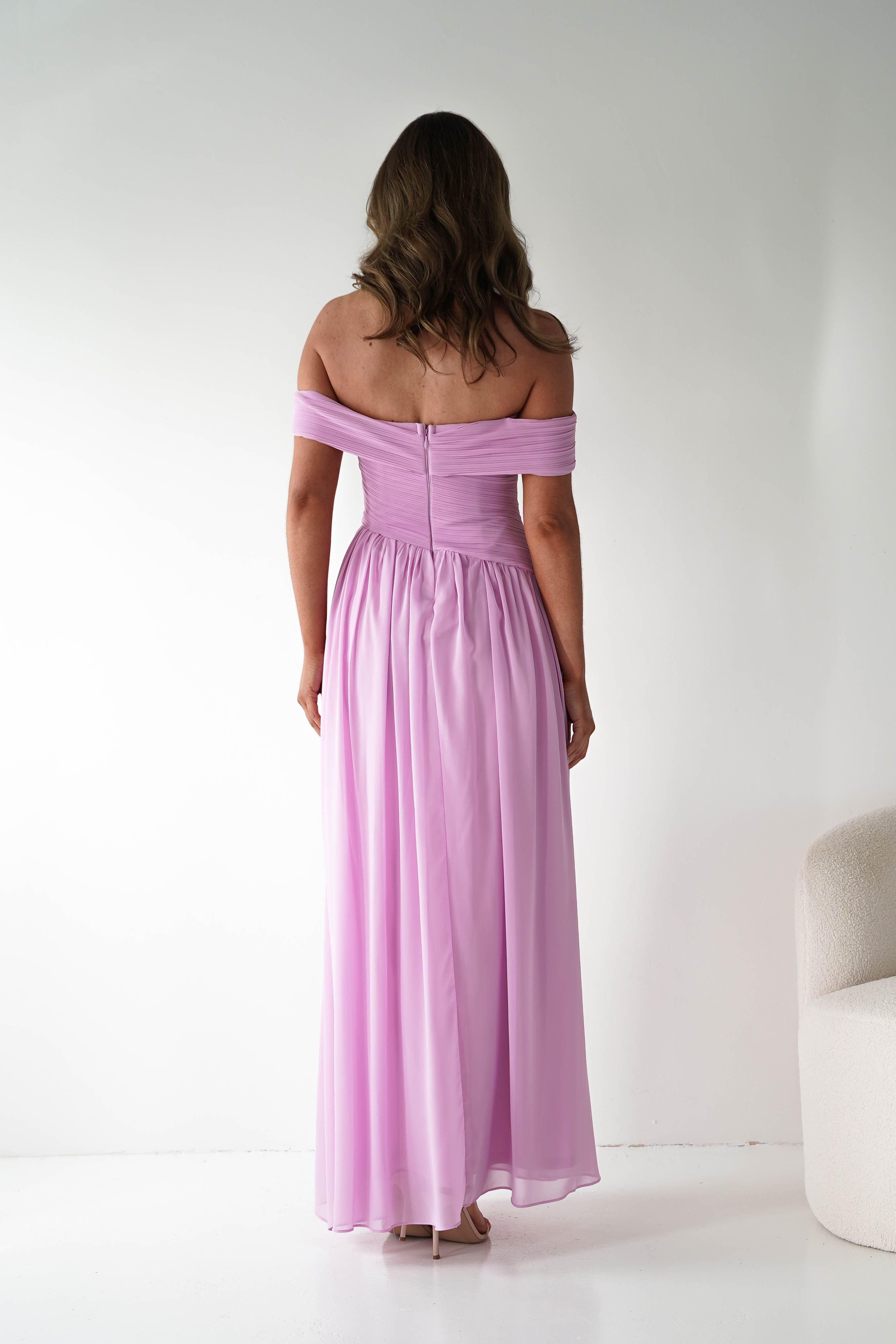 Oh Hello Clothing Women > Clothing > Dresses 1*DONE - MANIJU-MF25145-Pink Pleated Off-Shoulder Maxi Dress