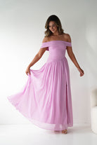 Oh Hello Clothing Women > Clothing > Dresses 1*DONE - MANIJU-MF25145-Pink Pleated Off-Shoulder Maxi Dress