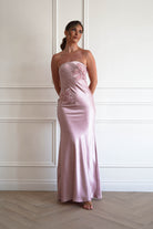 Oh Hello Clothing Women > Clothing > Dresses 1*DONE - MANIJU-MM24562-PINK Floral Appliqué Satin Maxi Dress