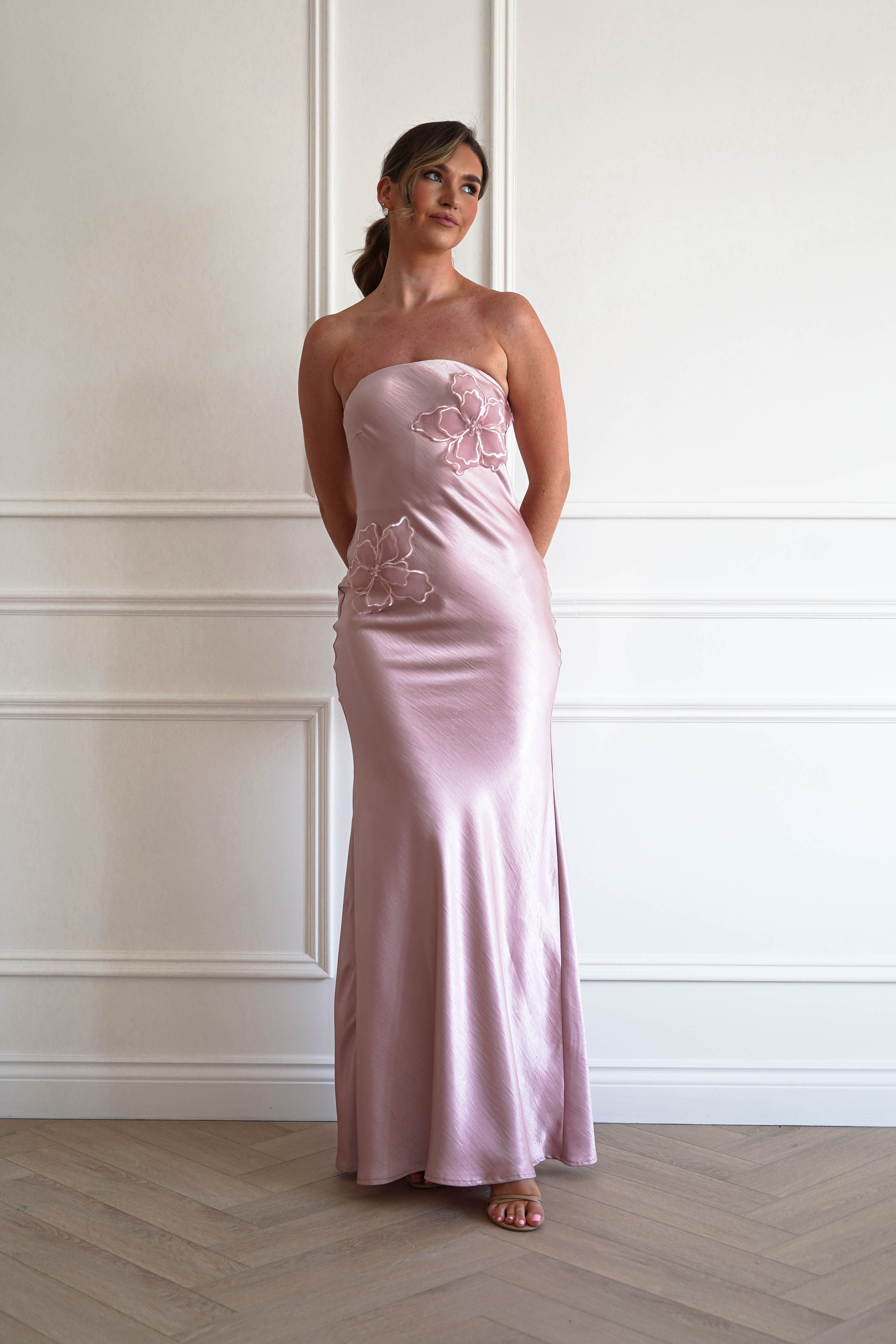 Oh Hello Clothing Women > Clothing > Dresses 1*DONE - MANIJU-MM24562-PINK Floral Appliqué Satin Maxi Dress