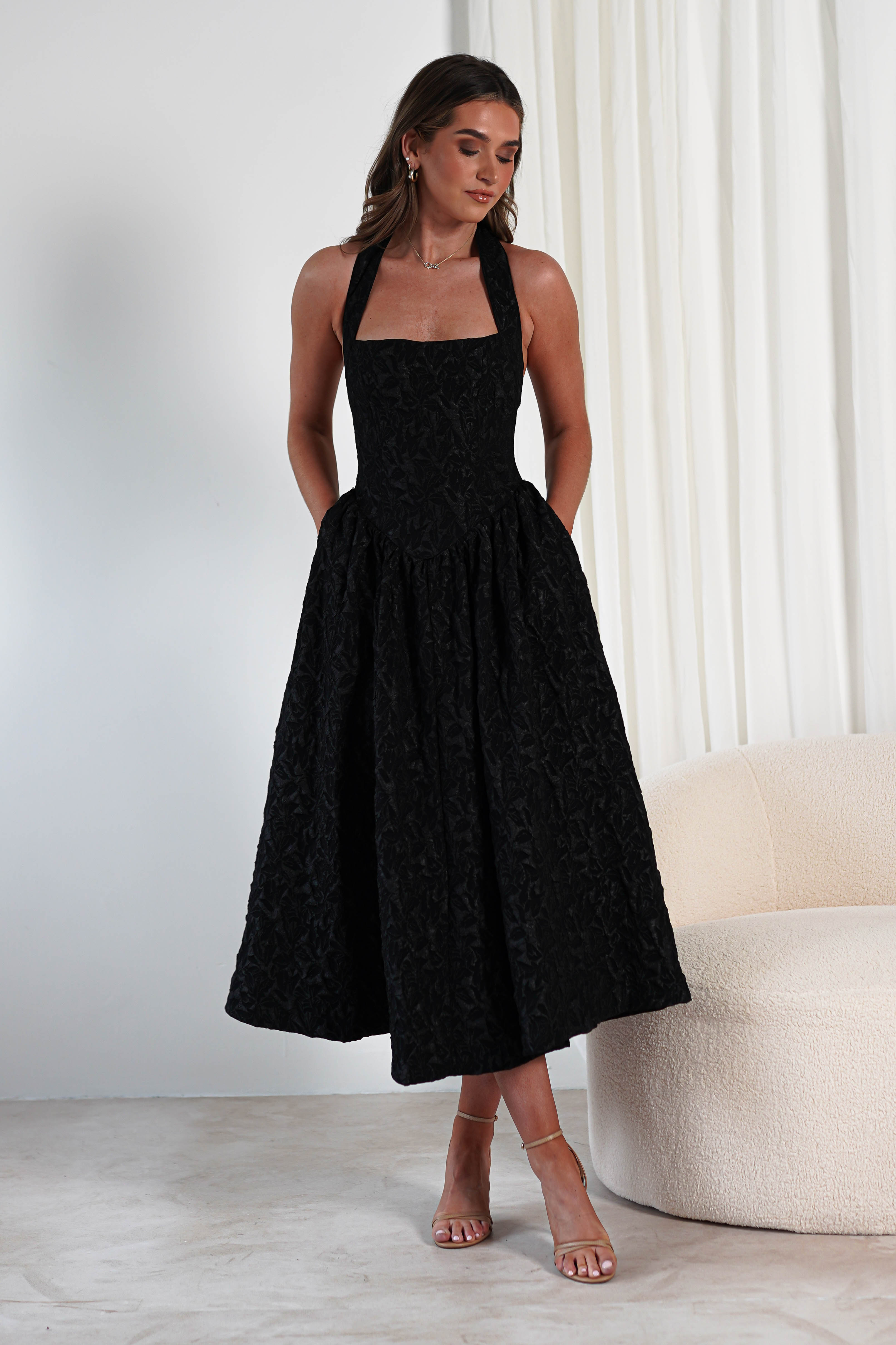 Margot Textured Midaxi Dress Black | Wedding Guest Dress | Oh Hello Clothing
