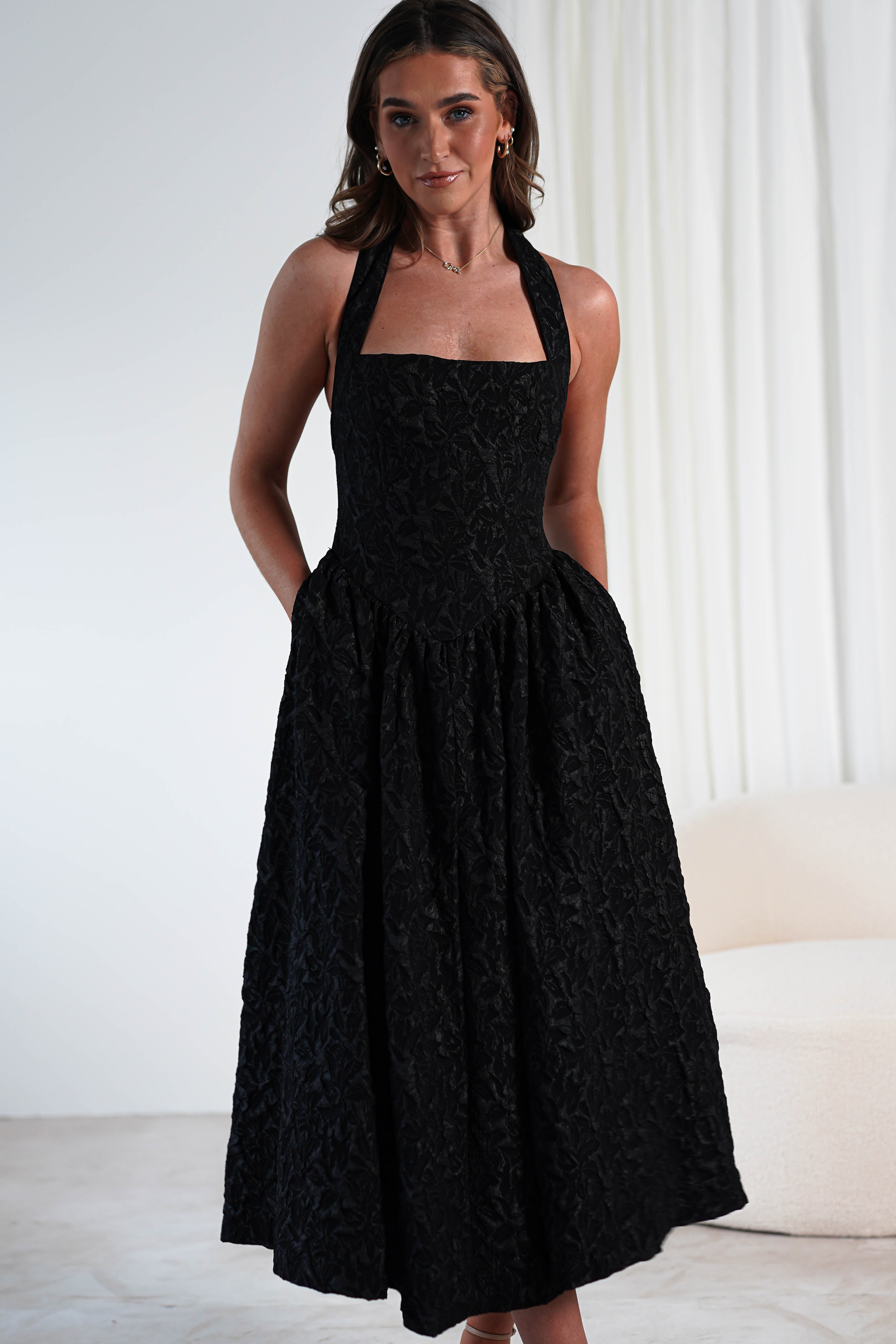 Margot Textured Midaxi Dress Black | Wedding Guest Dress | Oh Hello Clothing