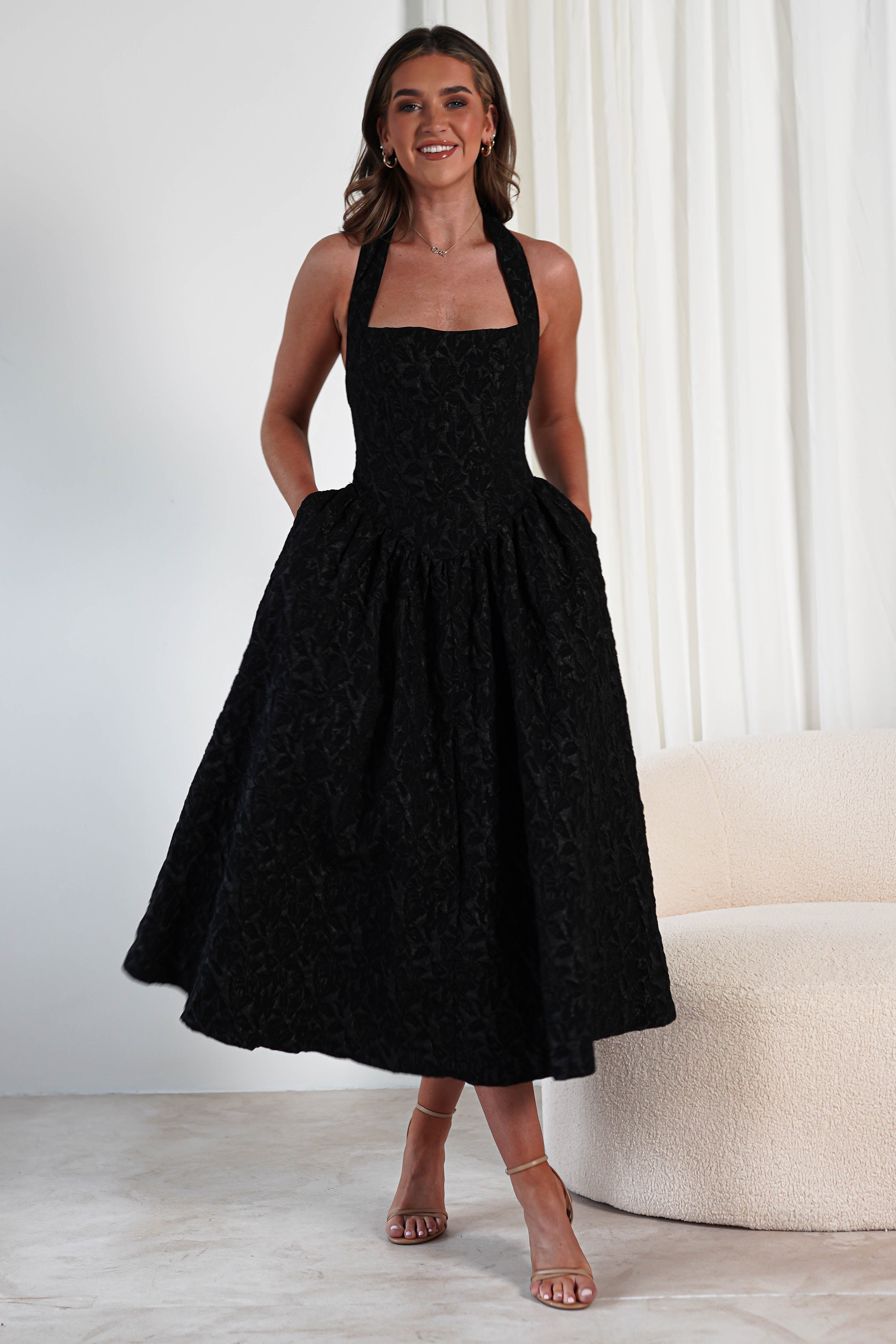 Margot Textured Midaxi Dress Black | Wedding Guest Dress | Oh Hello Clothing