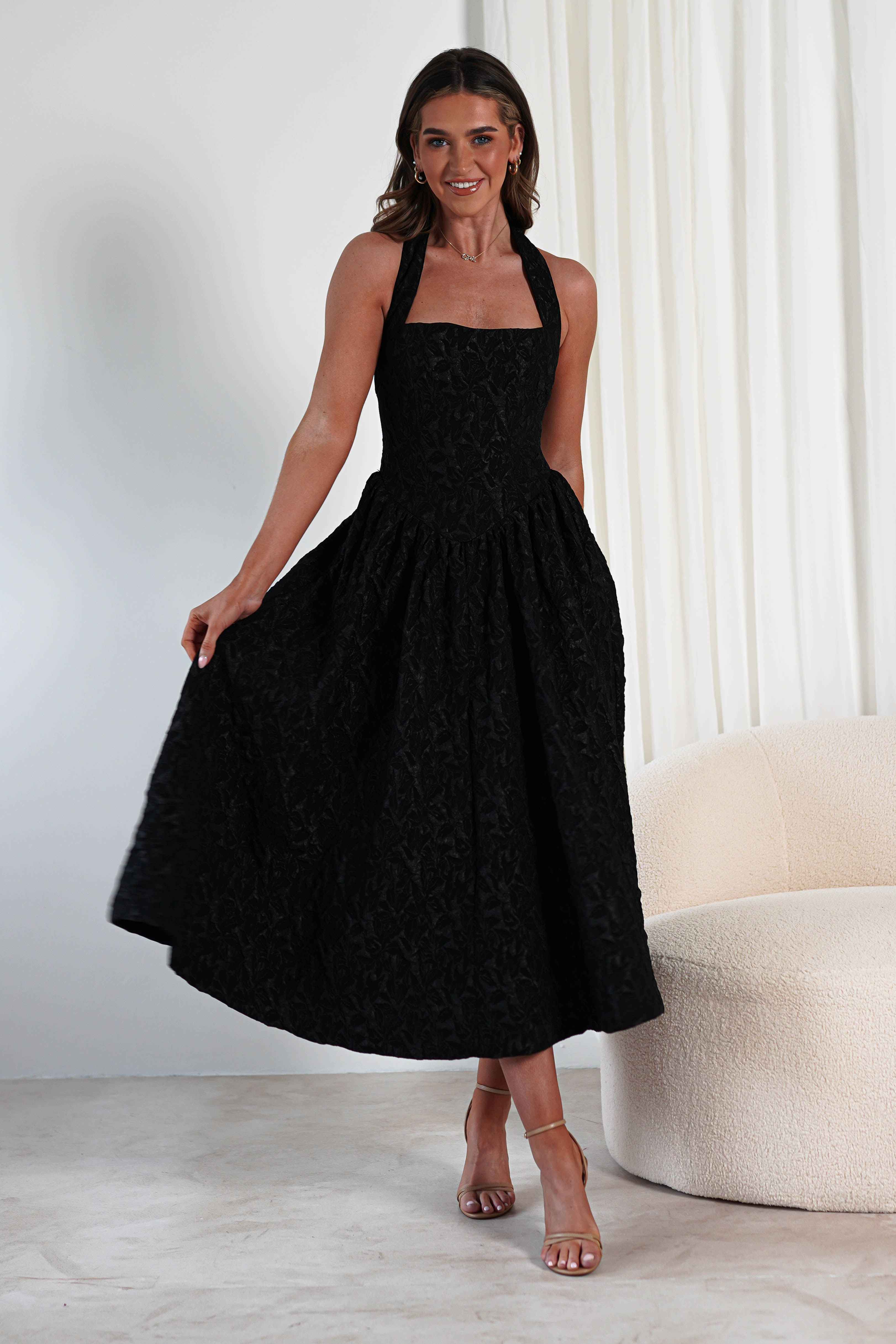Margot Textured Midaxi Dress Black | Wedding Guest Dress | Oh Hello Clothing