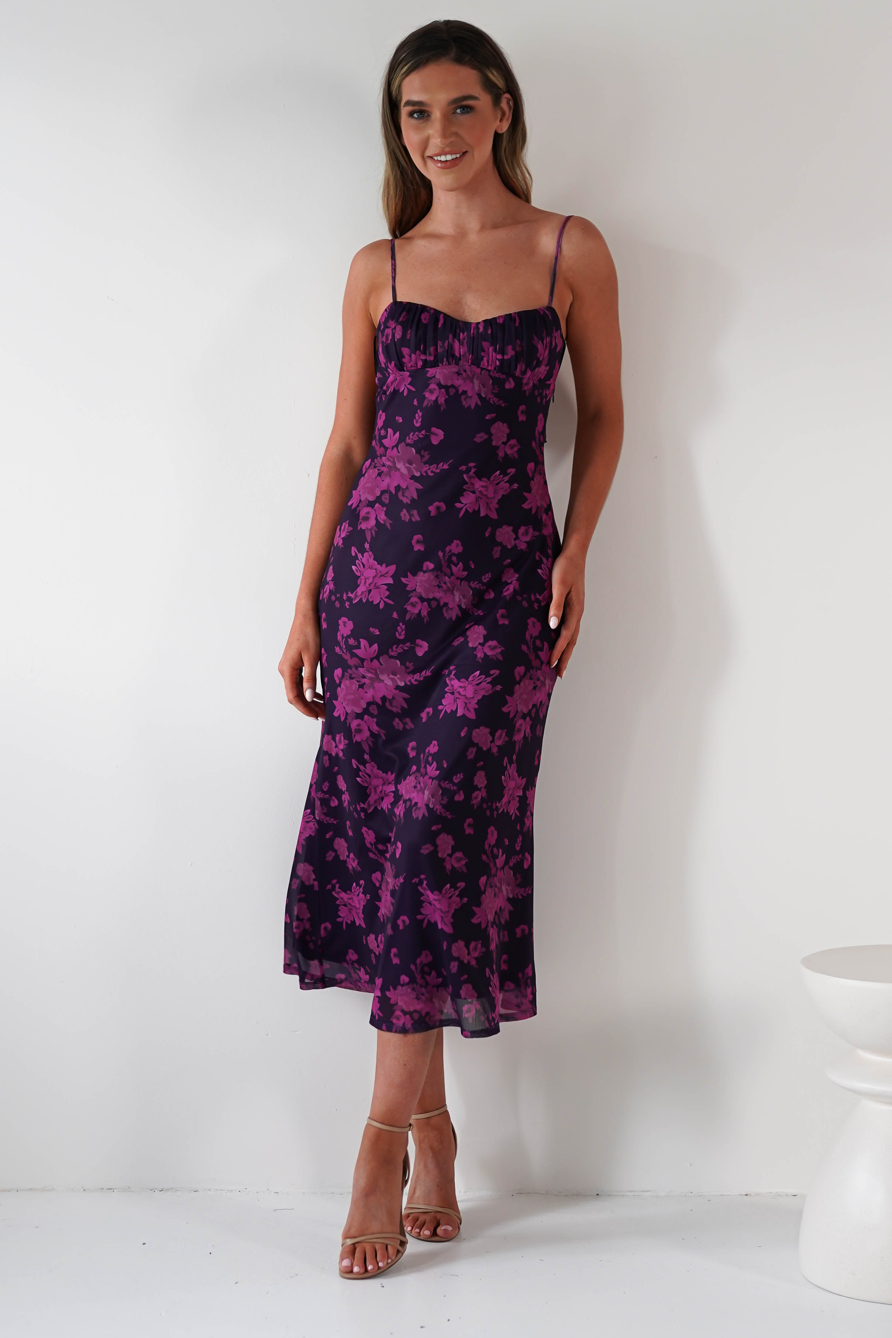 Merlo Low Back Midaxi Dress Grape Print | Wedding Guest Dress | Oh Hello Clothing