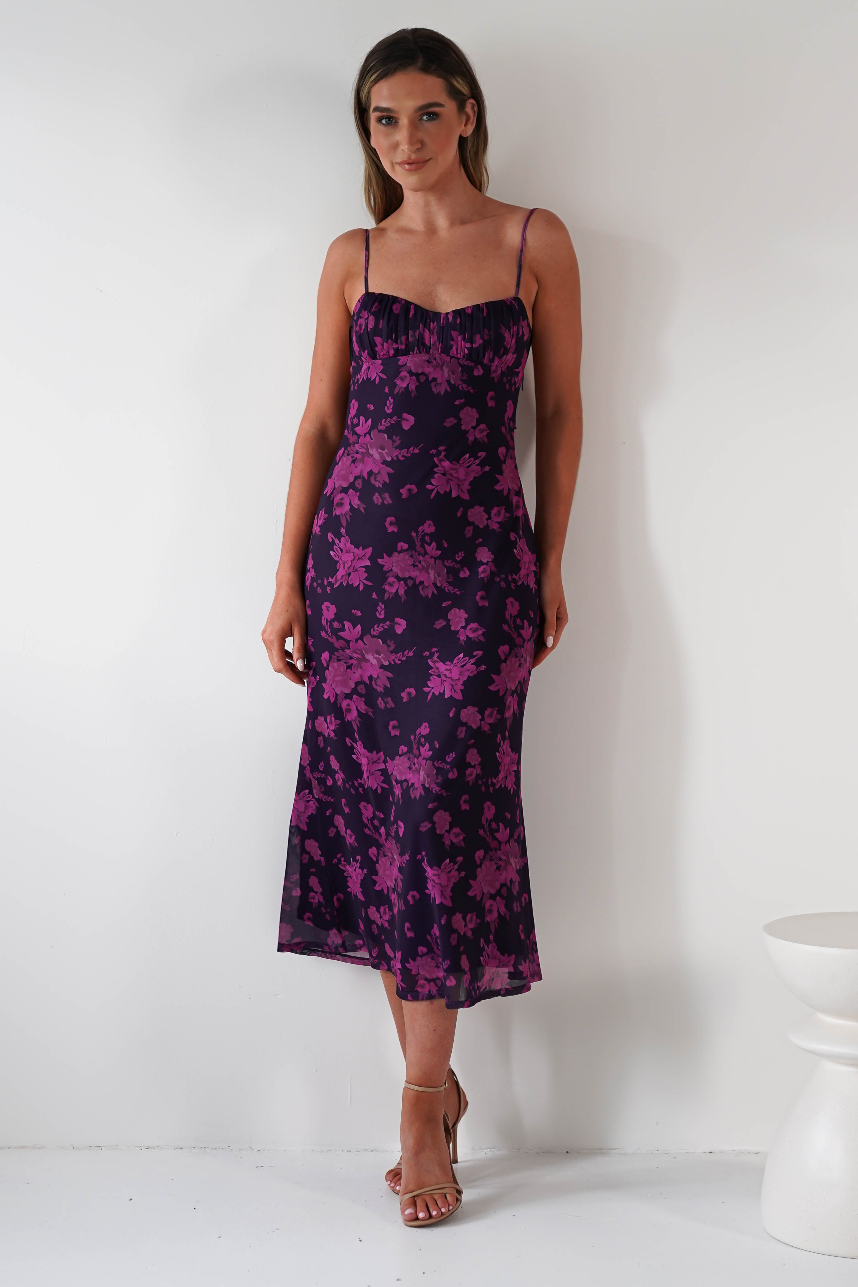 Merlo Low Back Midaxi Dress Grape Print | Wedding Guest Dress | Oh Hello Clothing