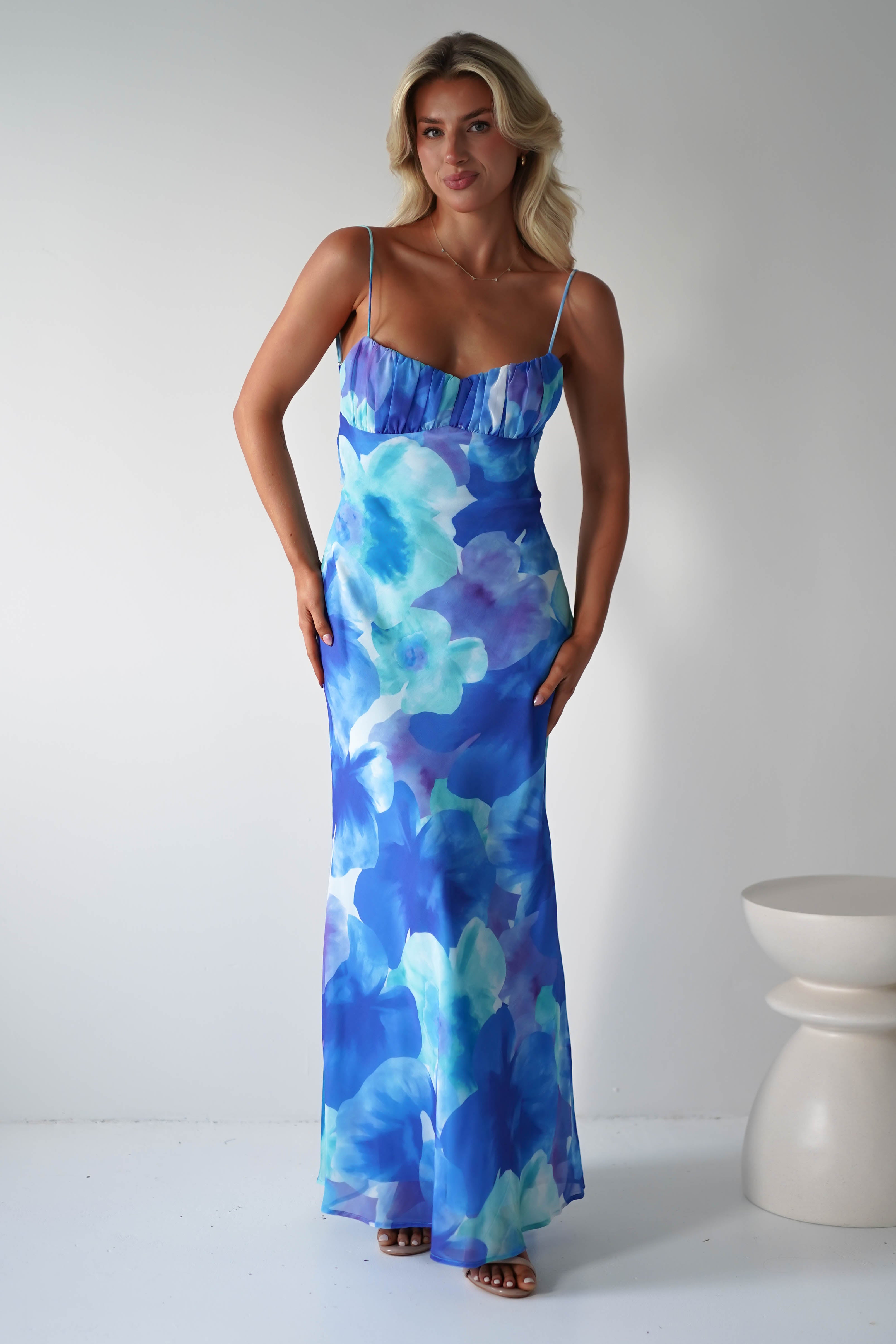 Ariel Chiffon Printed Maxi Dress Blue | Wedding Guest Dress | Maxi | Chiffon | Oh Hello Clothing