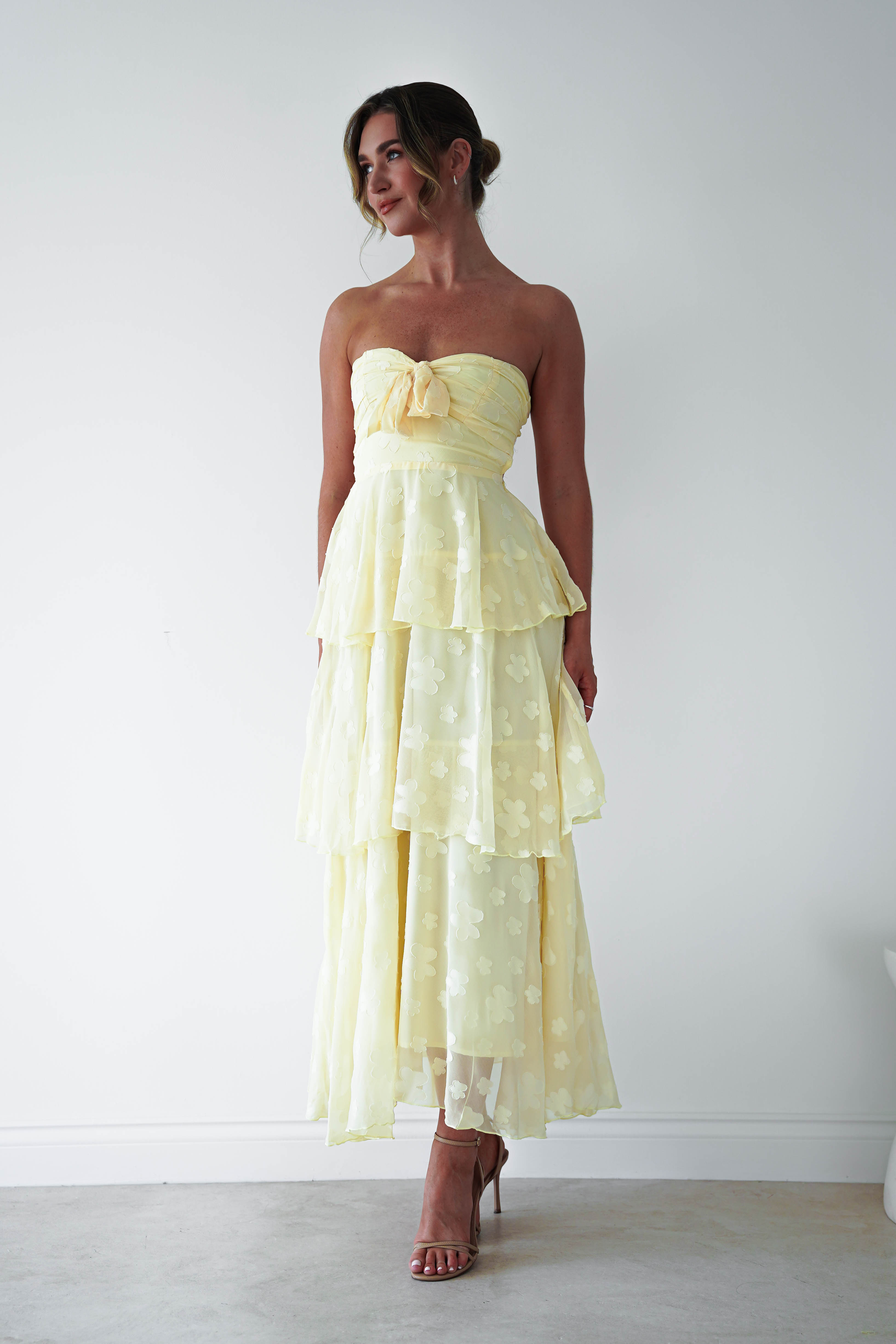 Oh Hello Clothing Women > Clothing > Dresses 1 *DONE MD08829-2 YELLOW CHIFFON FLORAL EMBOSSED MIDAXI