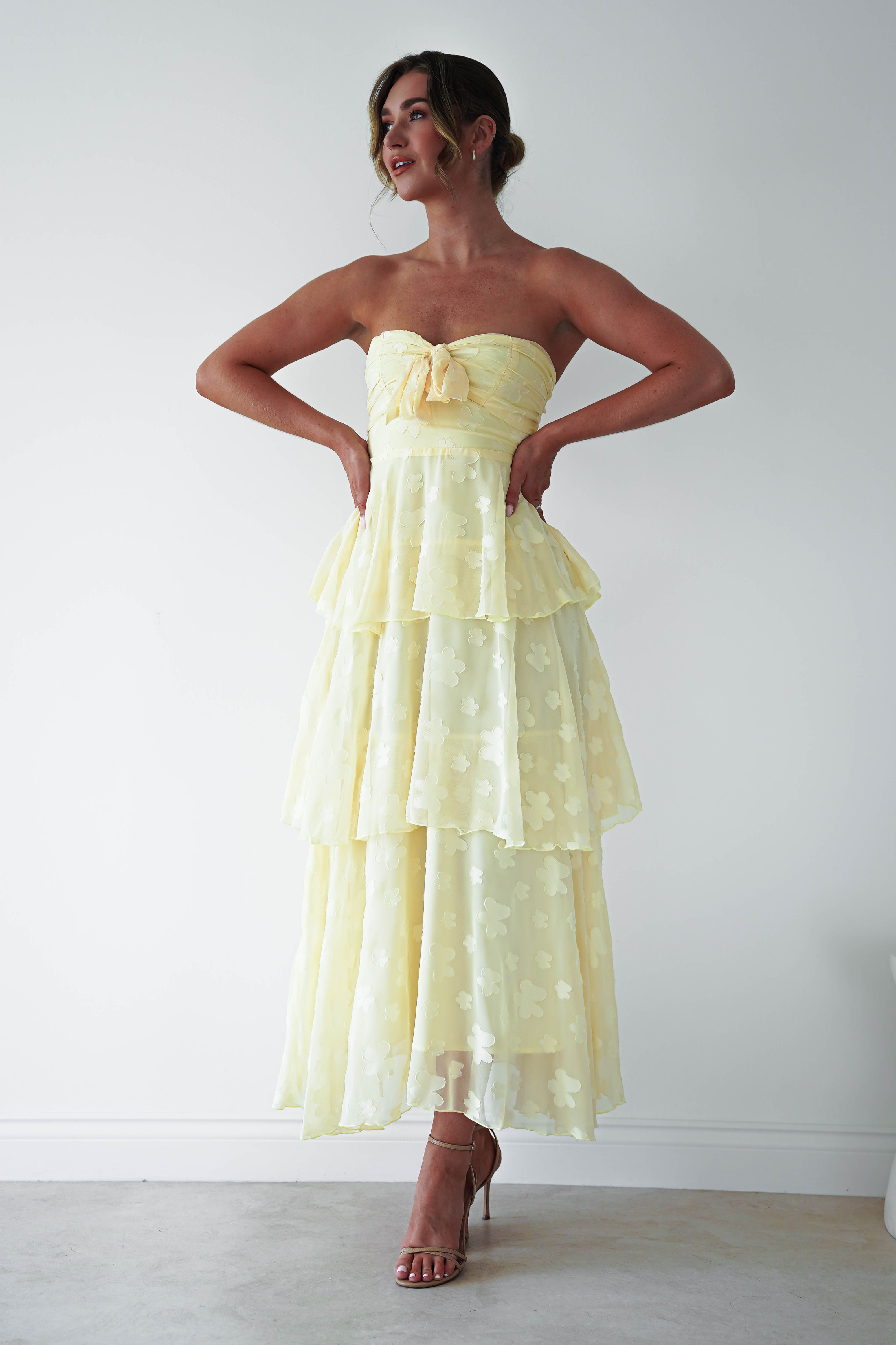 Oh Hello Clothing Women > Clothing > Dresses 1 *DONE MD08829-2 YELLOW CHIFFON FLORAL EMBOSSED MIDAXI