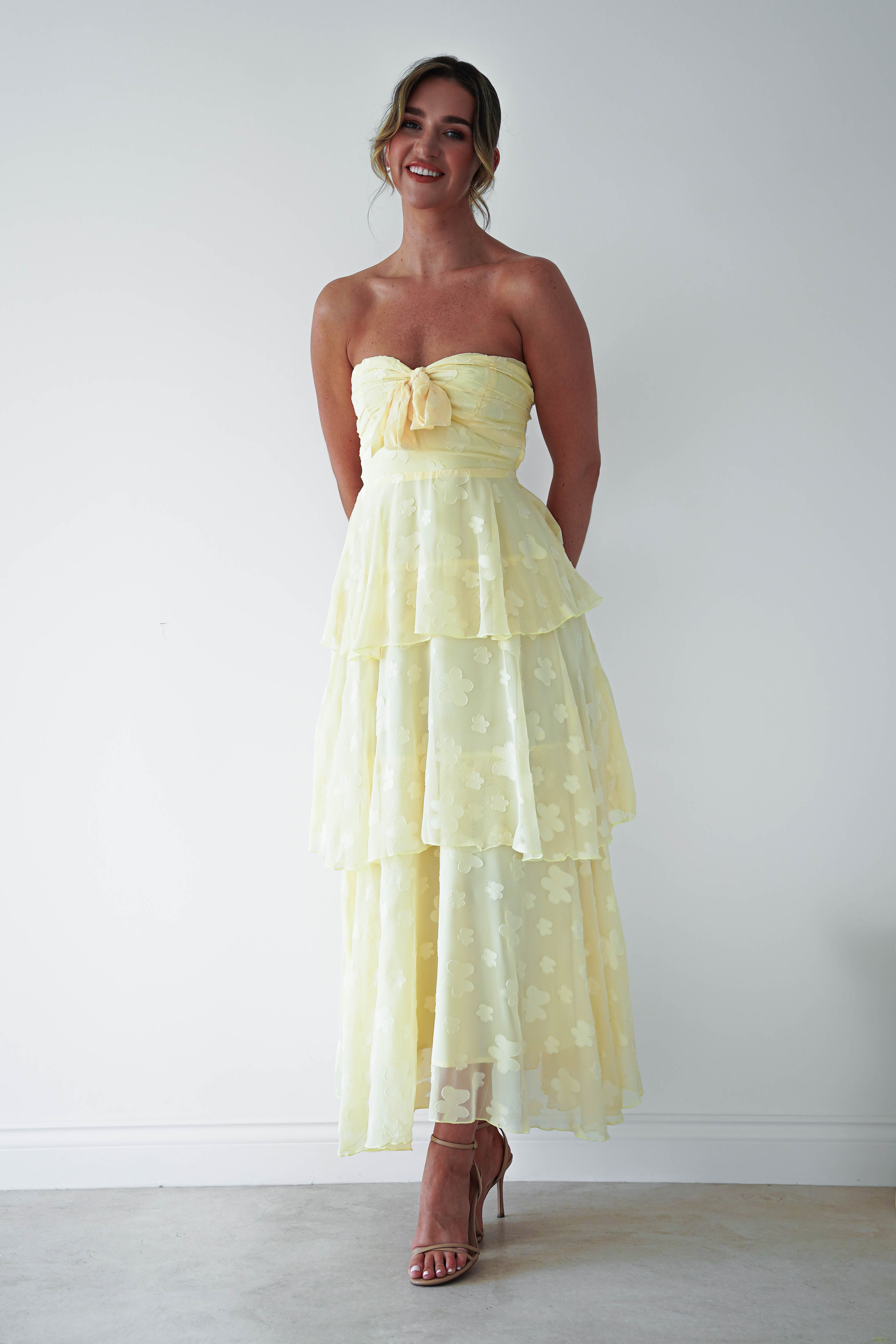Oh Hello Clothing Women > Clothing > Dresses 1 *DONE MD08829-2 YELLOW CHIFFON FLORAL EMBOSSED MIDAXI