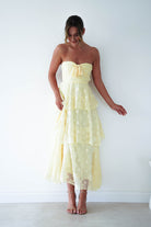 Oh Hello Clothing Women > Clothing > Dresses 1 *DONE MD08829-2 YELLOW CHIFFON FLORAL EMBOSSED MIDAXI