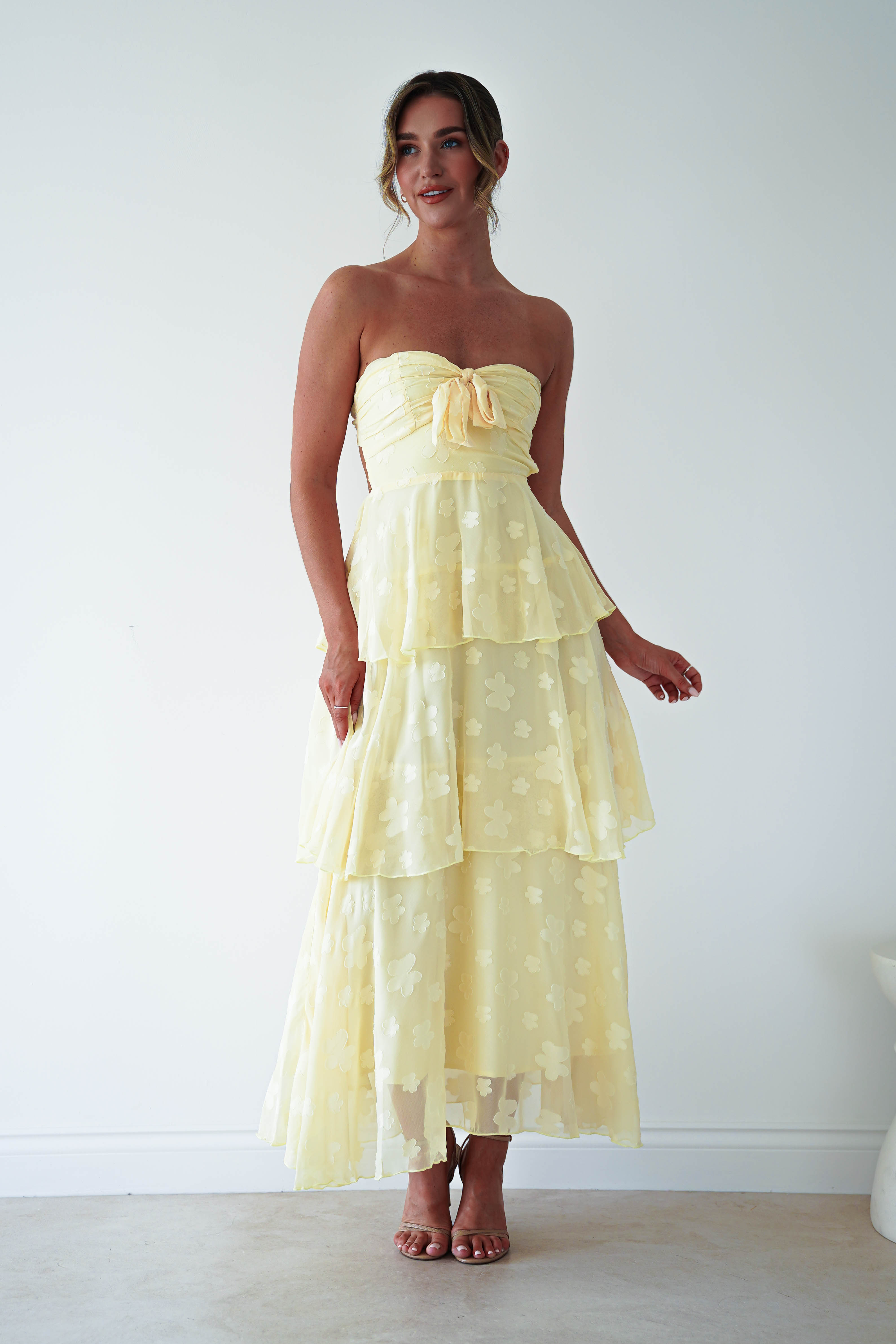 Oh Hello Clothing Women > Clothing > Dresses 1 *DONE MD08829-2 YELLOW CHIFFON FLORAL EMBOSSED MIDAXI