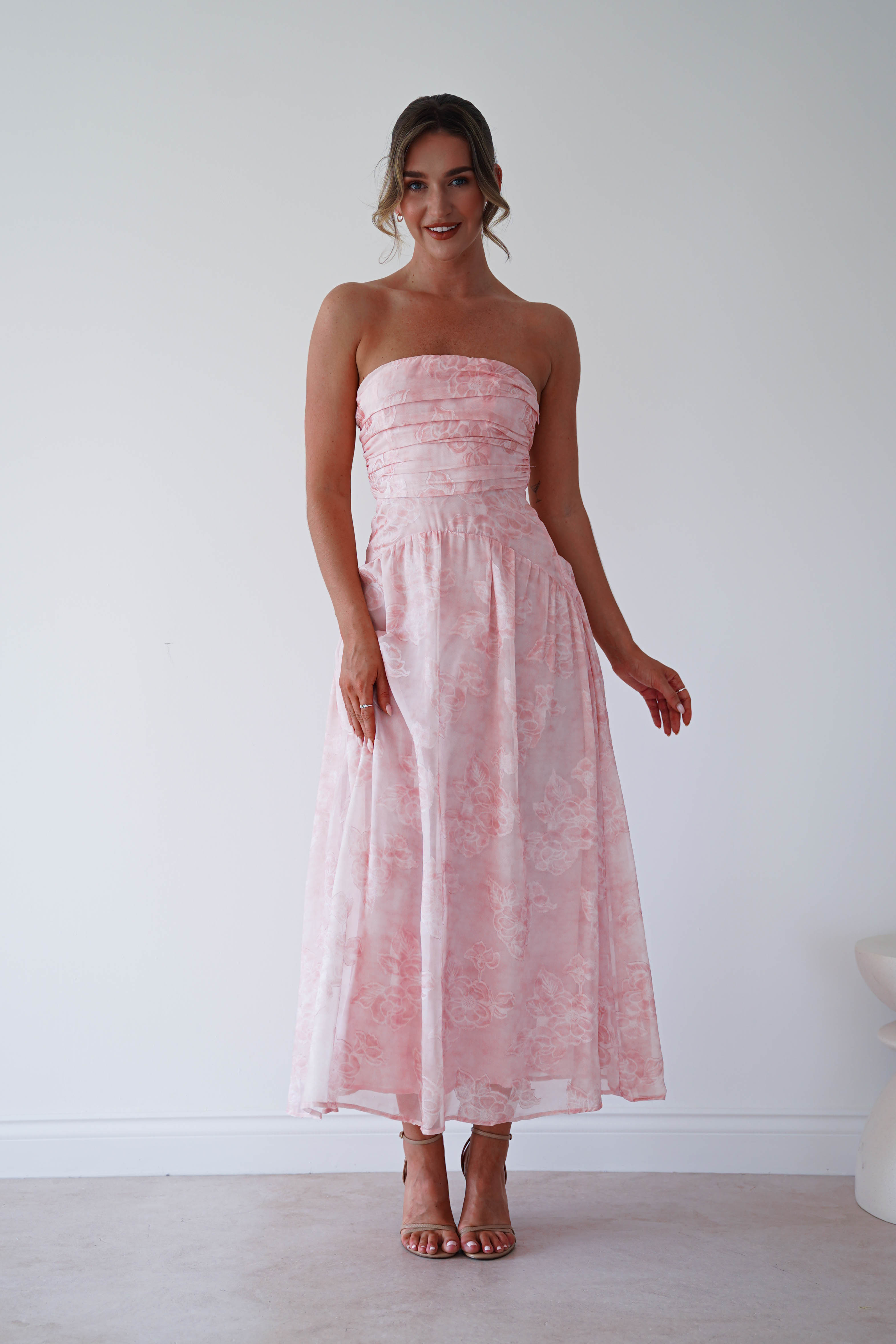 Oh Hello Clothing Women > Clothing > Dresses 1 *DONE MD09737 PINK CHIFFON FLORAL EMBOSSED MIDAXI