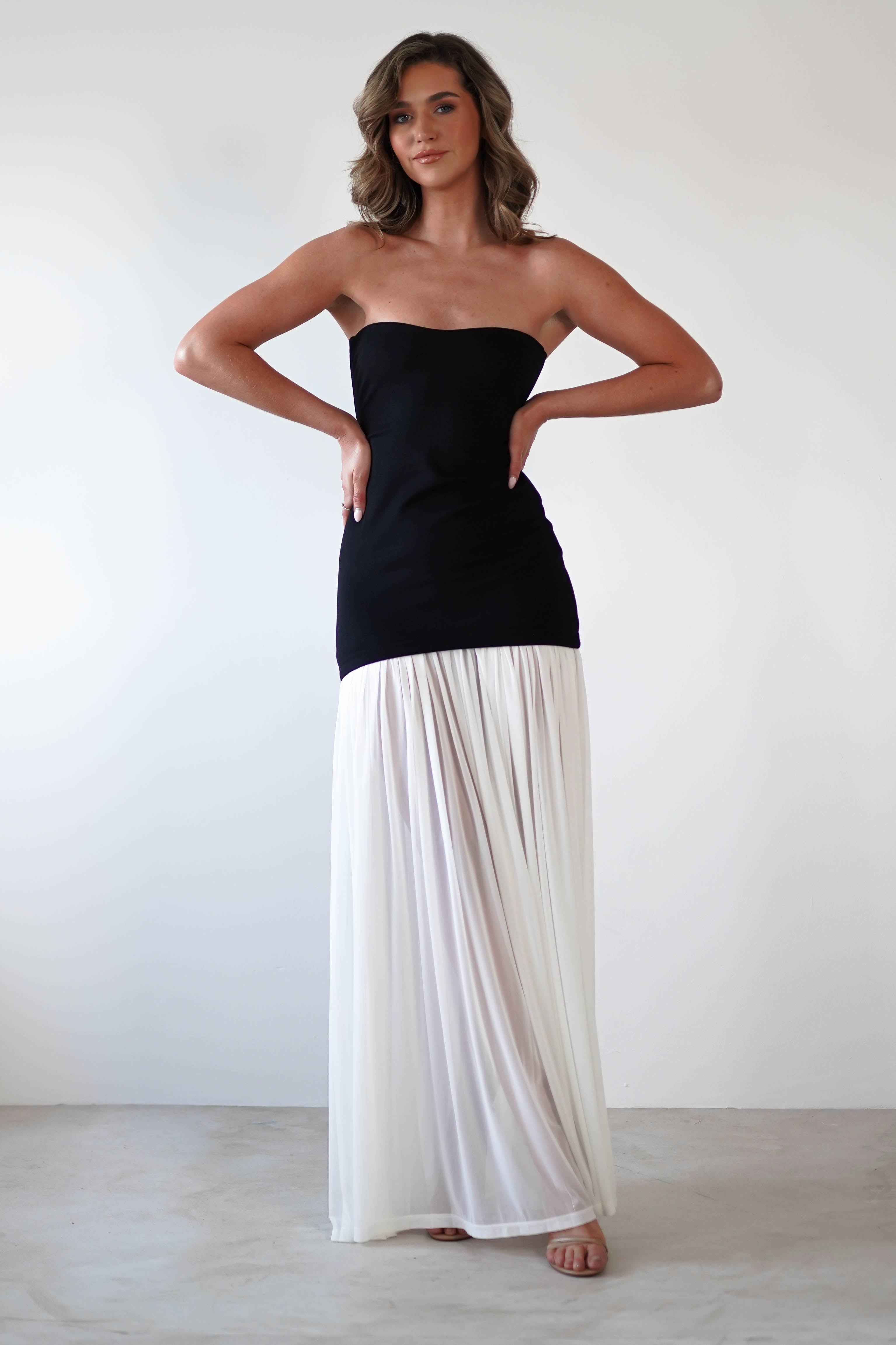 Mel Strapless Chiffon Skirt Maxi Dress Black/White | Wedding Guest Dress | Maxi | Chiffon | Oh Hello Clothing