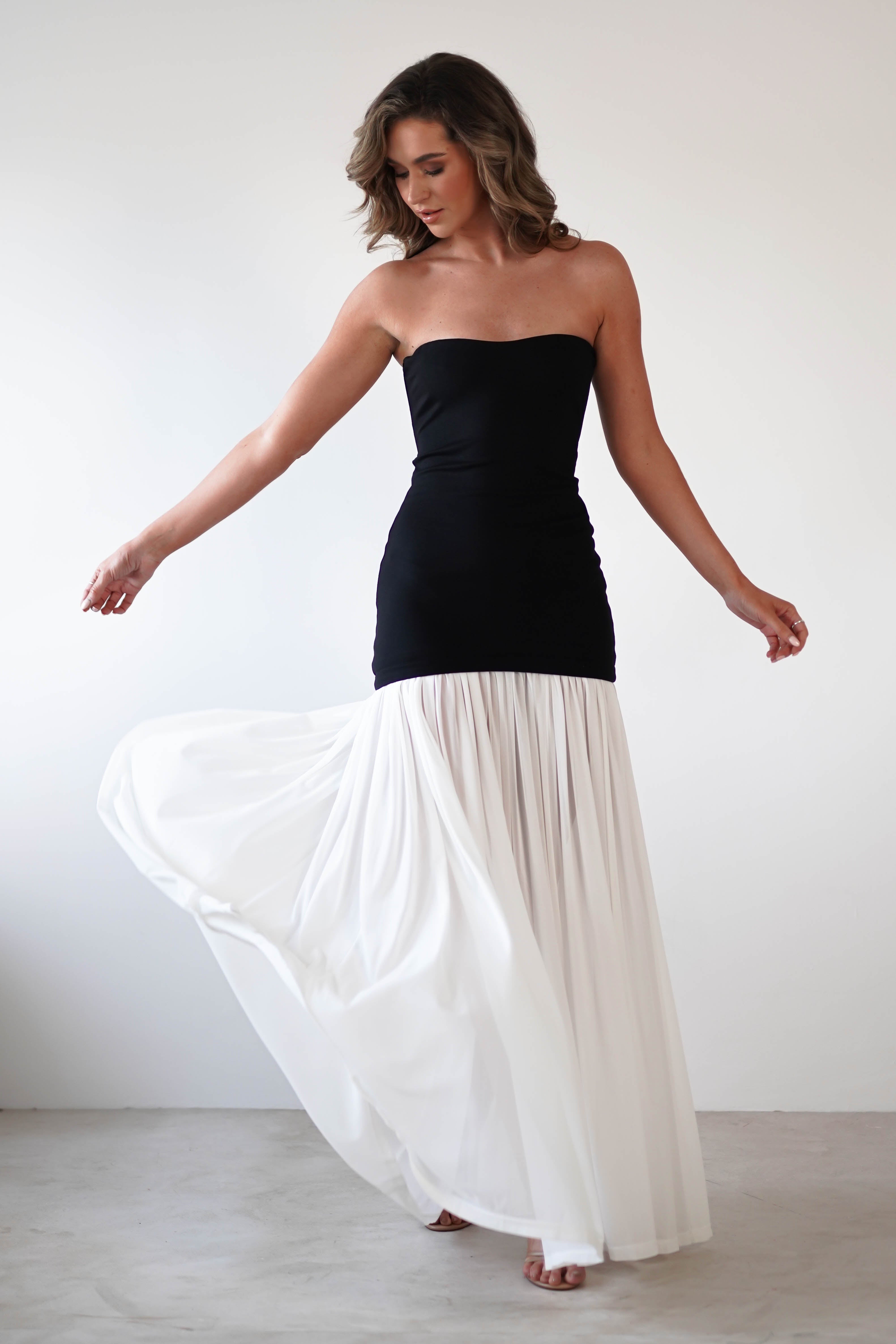 Mel Strapless Chiffon Skirt Maxi Dress Black/White | Wedding Guest Dress | Maxi | Chiffon | Oh Hello Clothing